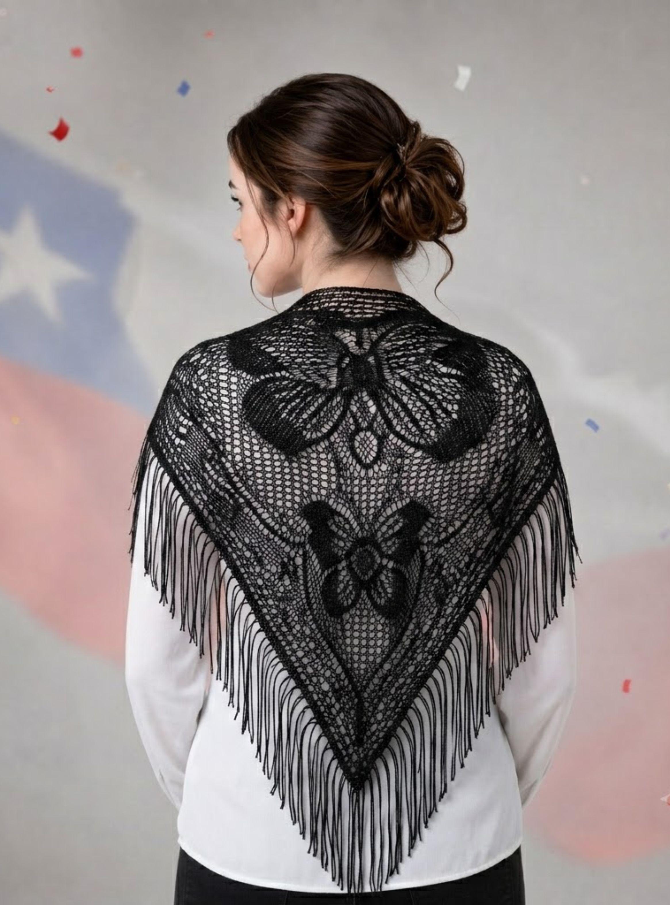 Puntilla Chal Negro 110x51 cm Mujer Baile Chilote Traje Típicos-0