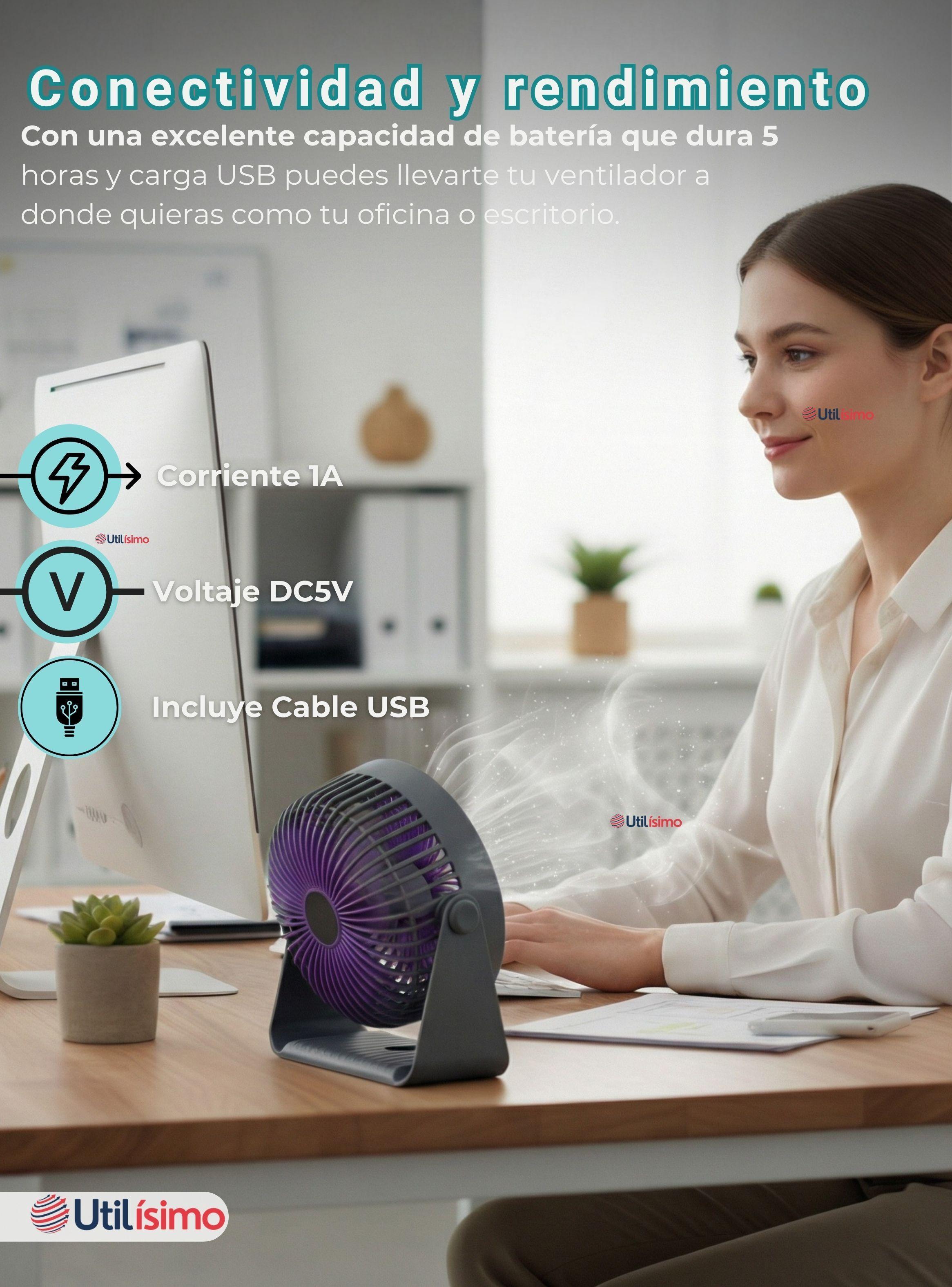 Mini Ventilador De Mesa Color Gris Silencioso Portátil y Recargable USB-5