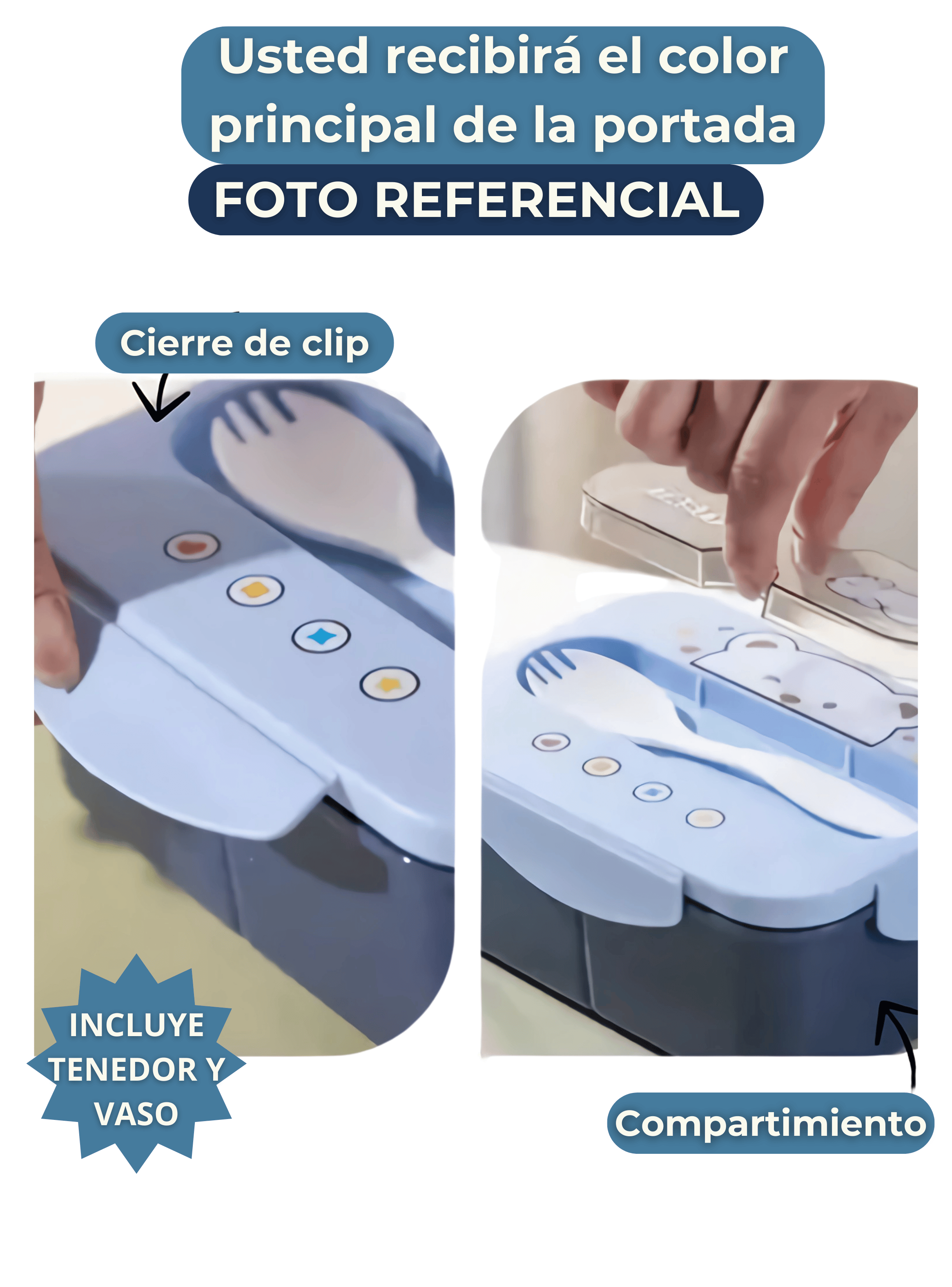 Fiambrera Contenedor Osito 1200 Ml Táper Hermético + Cubiertos y Vaso Infantil Dark Blue-2