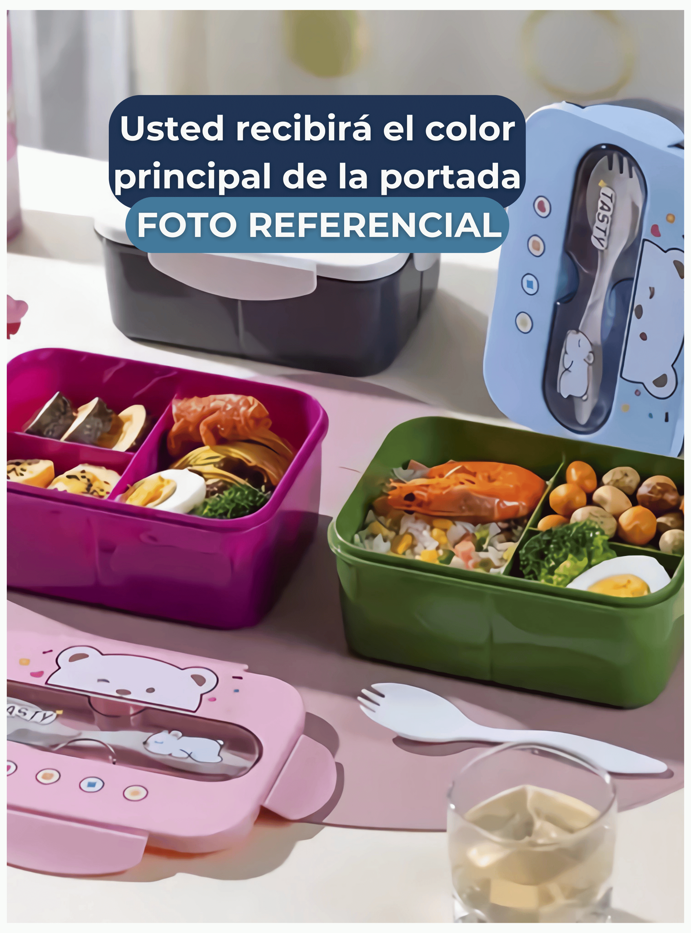 Fiambrera Contenedor Osito 1200 Ml Táper Hermético + Cubiertos y Vaso Infantil Dark Blue-4
