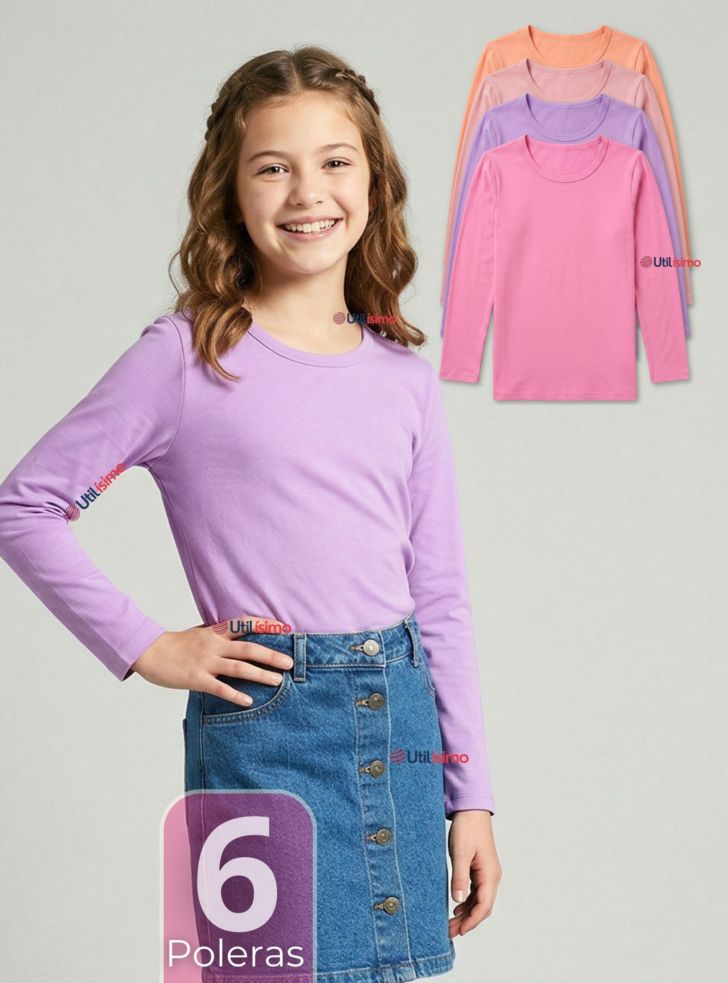 Pack 6 Camisetas Poleras Bambú Cuello Redondo Primera Capa Manga Larga Colores Surtidos para Niñas-0