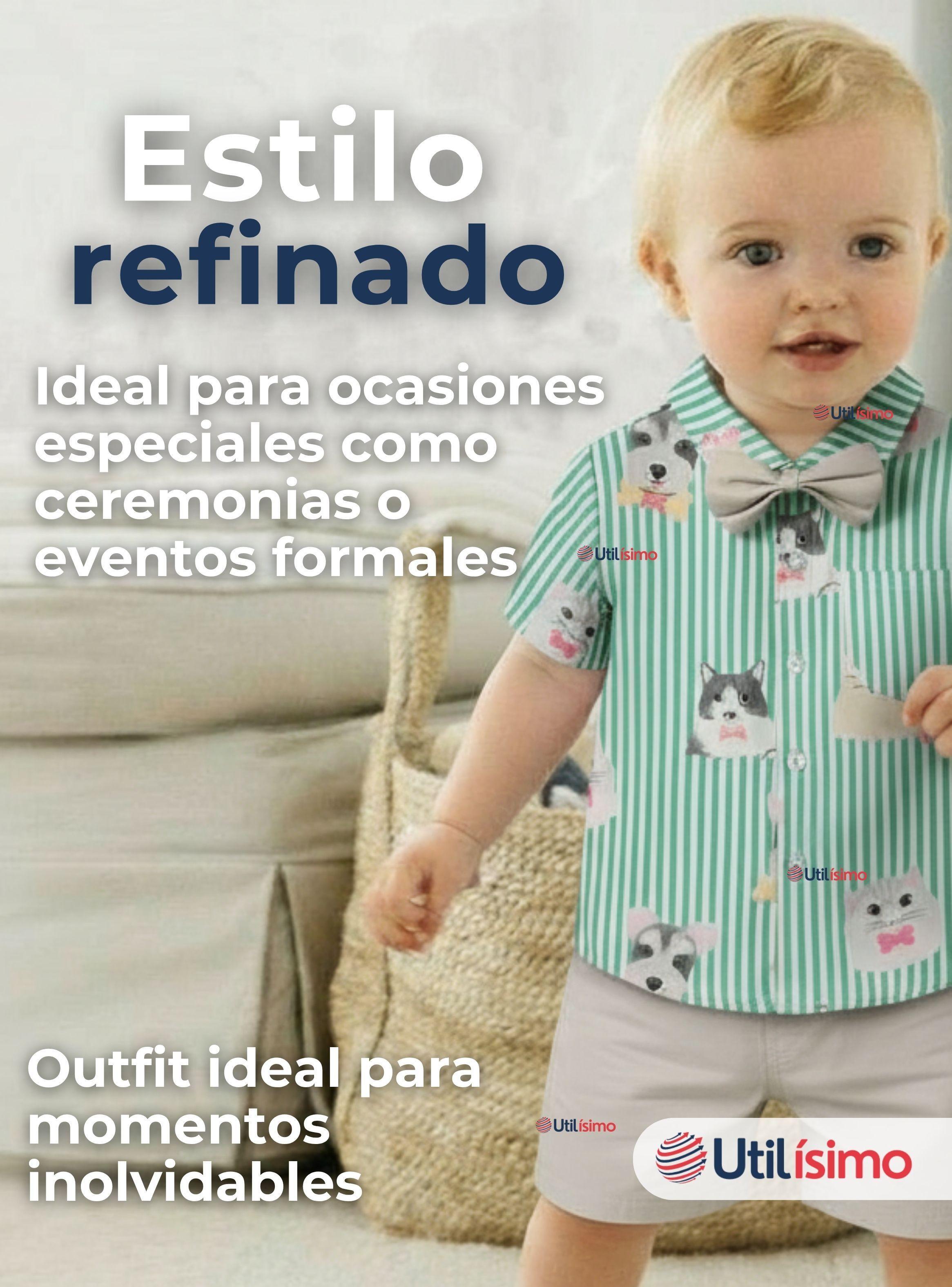 Conjunto de Vestir Camisa de Rayas Con Lazo Y Pantalón Corto Algodón Bebé y Niño-6