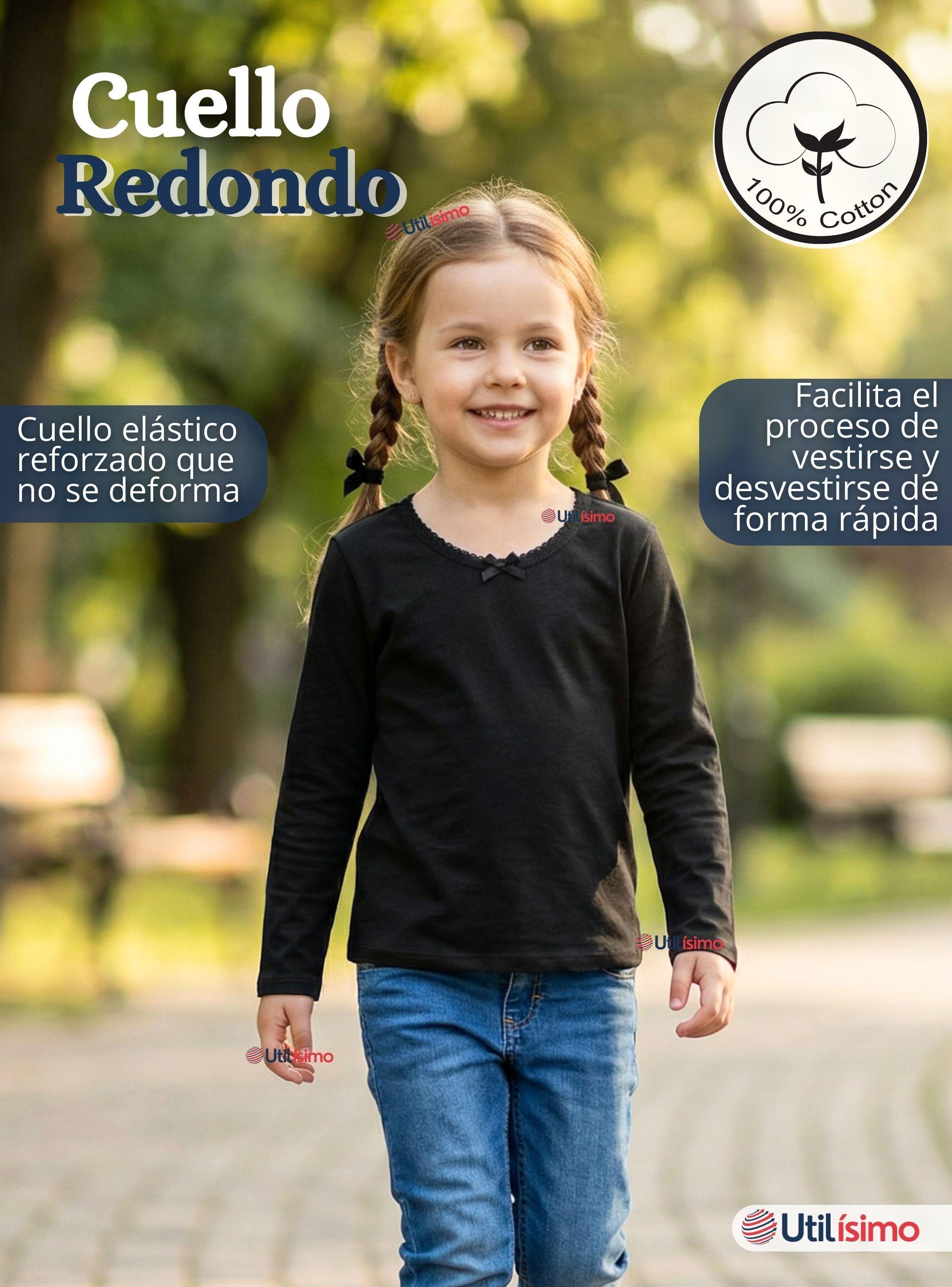 Camiseta Polera Algodón Cuello Redondo Primera Capa Manga Larga Colores Surtidos para Niñas-7