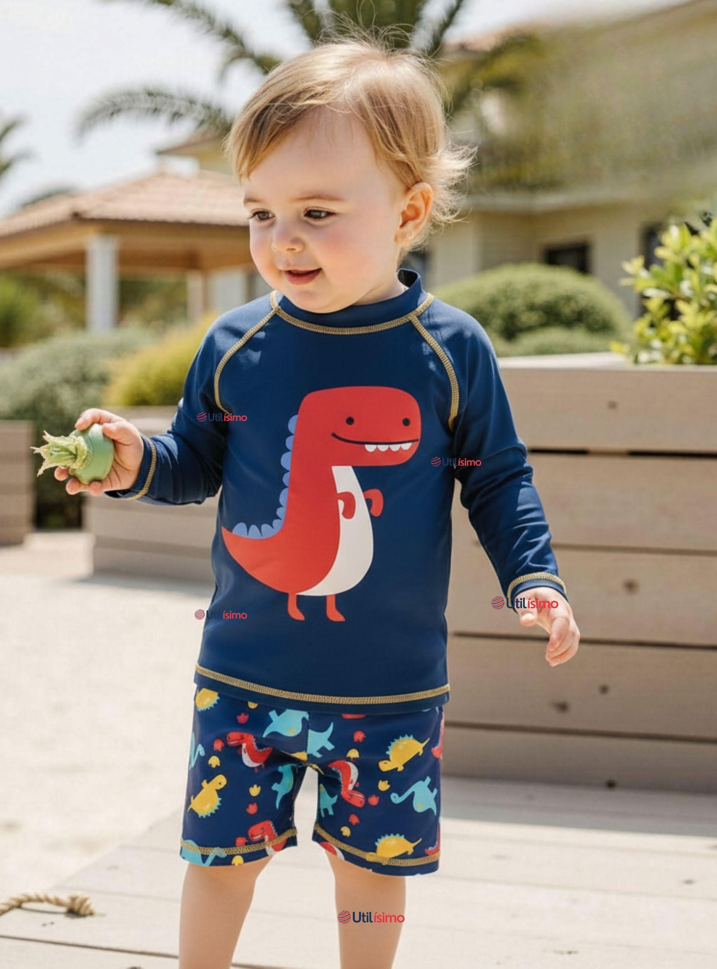 Traje de Ba o Manga Larga Pantal n Corto 2 Piezas Corte Split Ni o 3 a 9 a os Blue Dinosaur-0