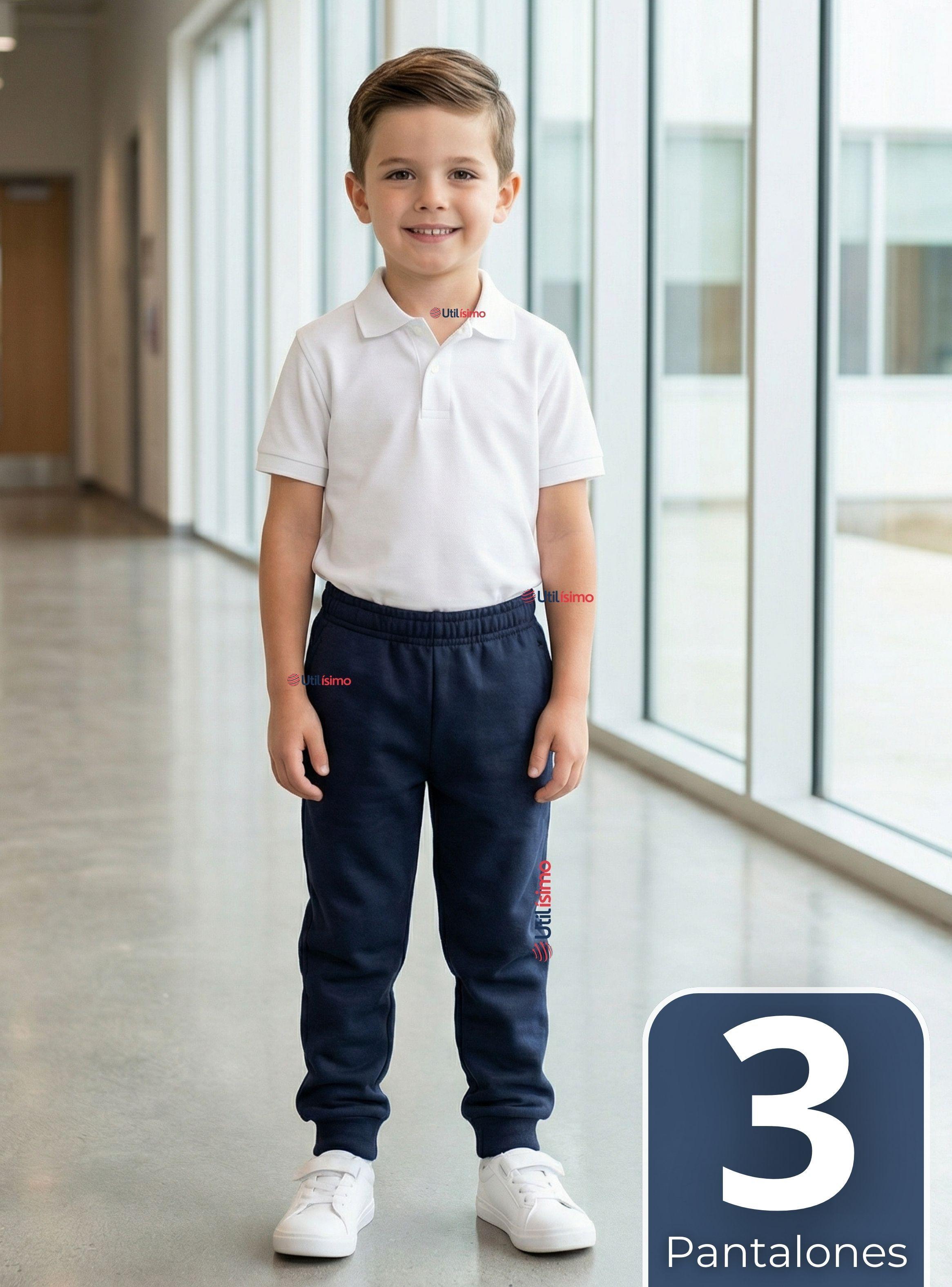 Pack 3 Buzos Pantalones Escolar Niño 100% Algodón Azul Bota Acanalada 3 a 16 años-0