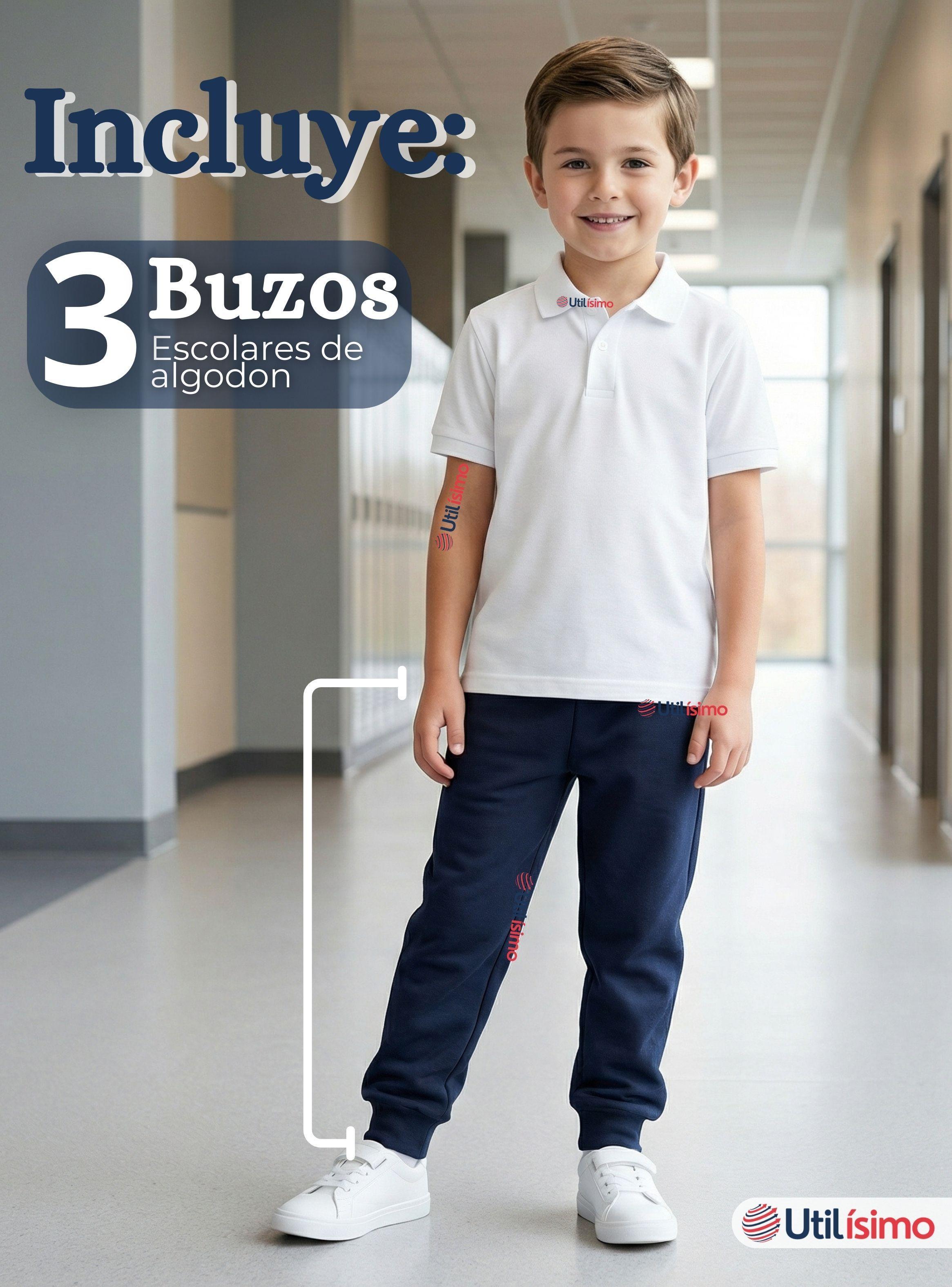 Pack 3 Buzos Pantalones Escolar Niño 100% Algodón Azul Bota Acanalada 3 a 16 años-1