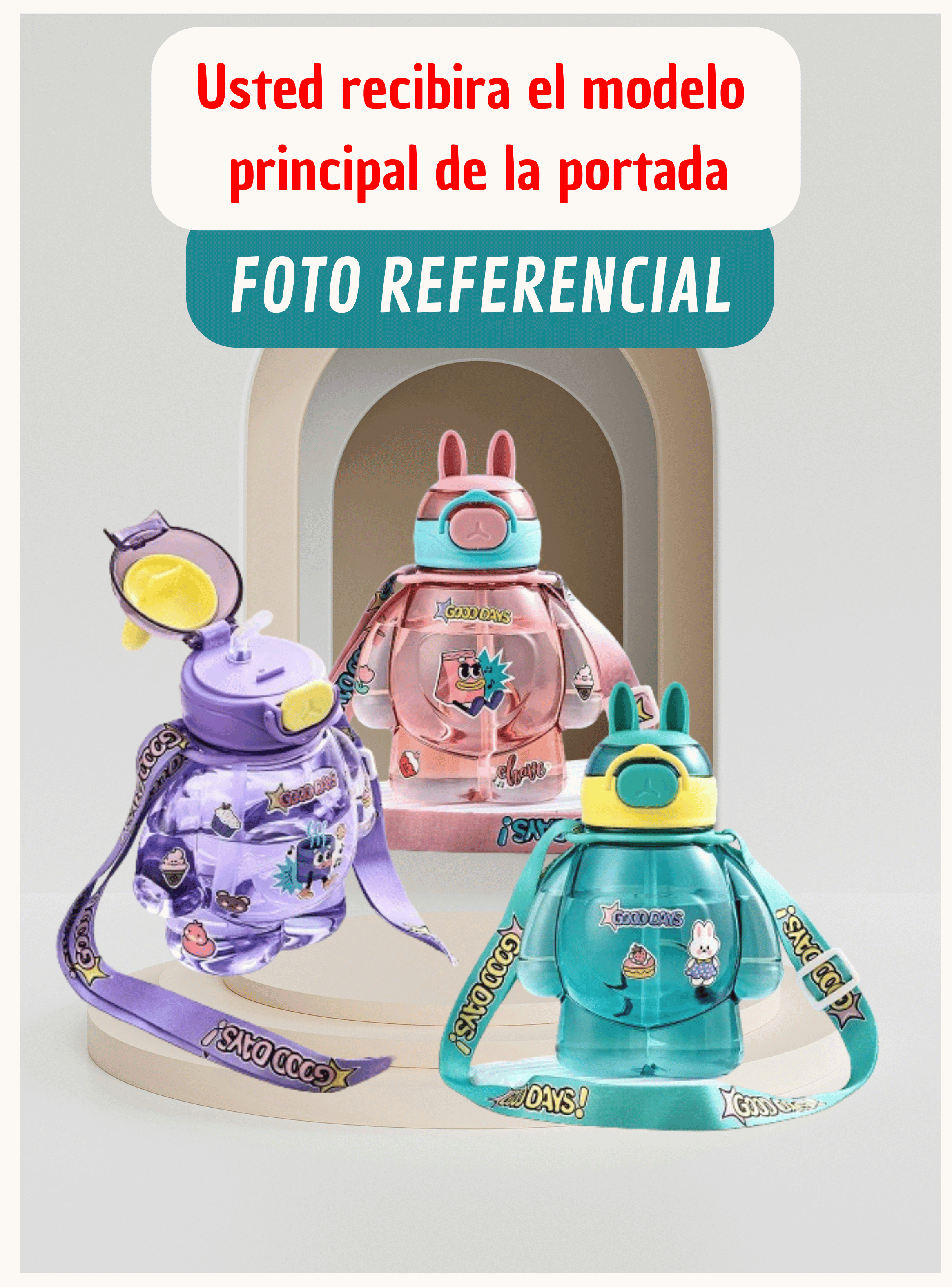 Botella Plástica 650ML Con Correa Y Orejitas Estilo Kawai Sin BPA Niños Turquoise-3