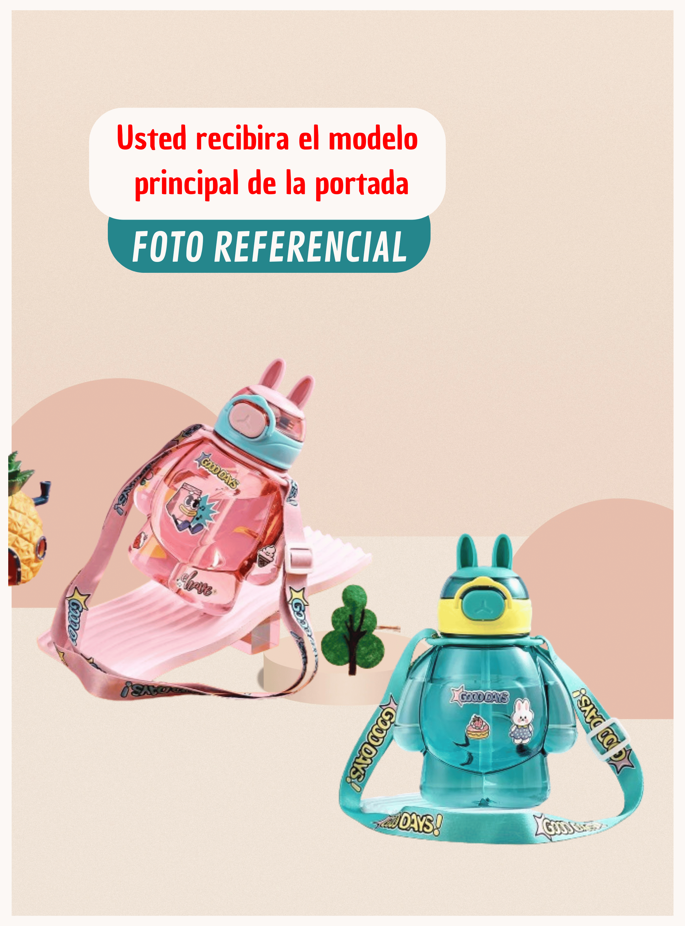Botella Plástica 650ML Con Correa Y Orejitas Estilo Kawai Sin BPA Niños Turquoise-4