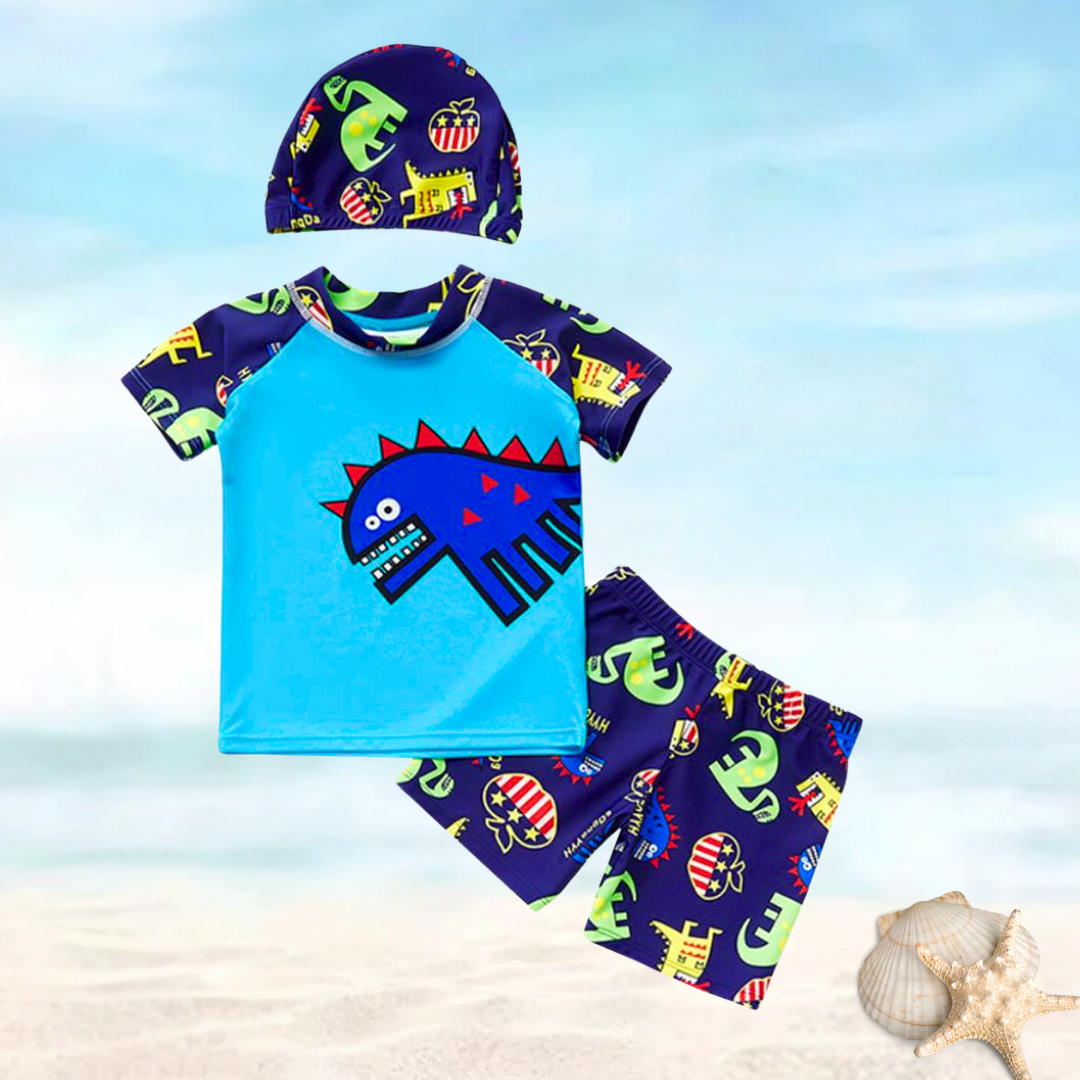 Traje De Baño 3 Piezas Manga Corta Jump Kids Dinosaurios Azul-1