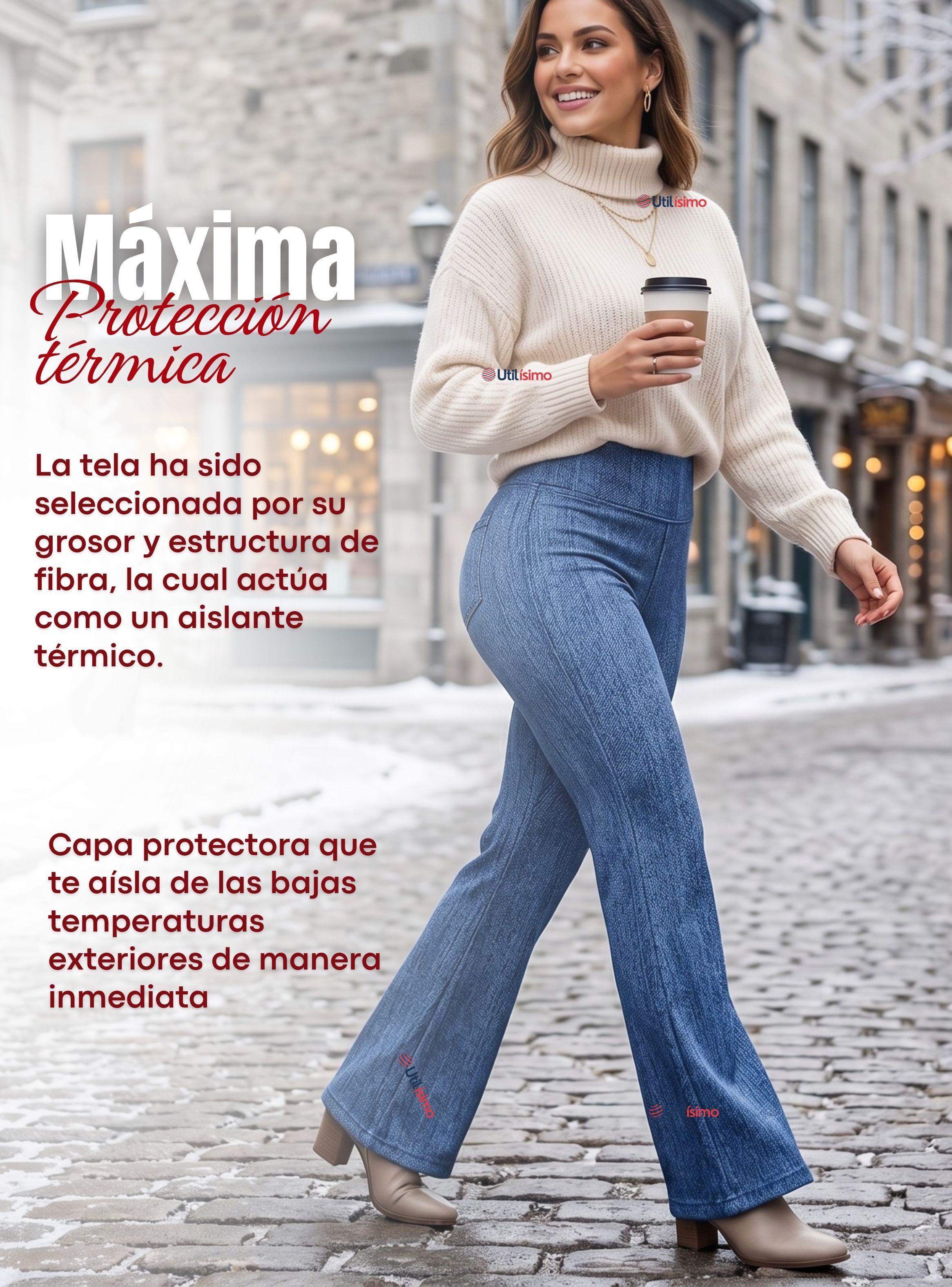 Pantalón Polar Con Chiporro Palazzo Elasticada Térmica Azul Jeans Mujer-7