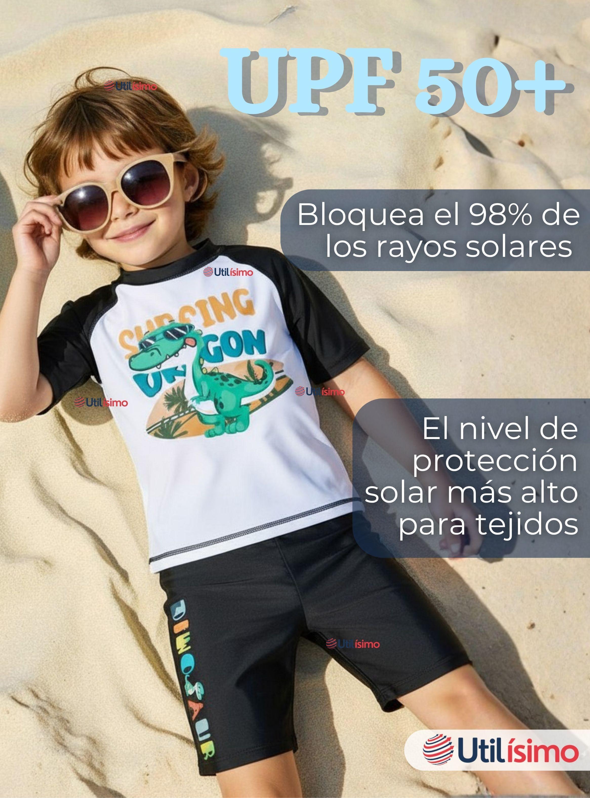Traje de Baño Polera Manga Corta  Pantalón Corto 2 Piezas para Niño 3 a 9 años Black Dinosaur-2