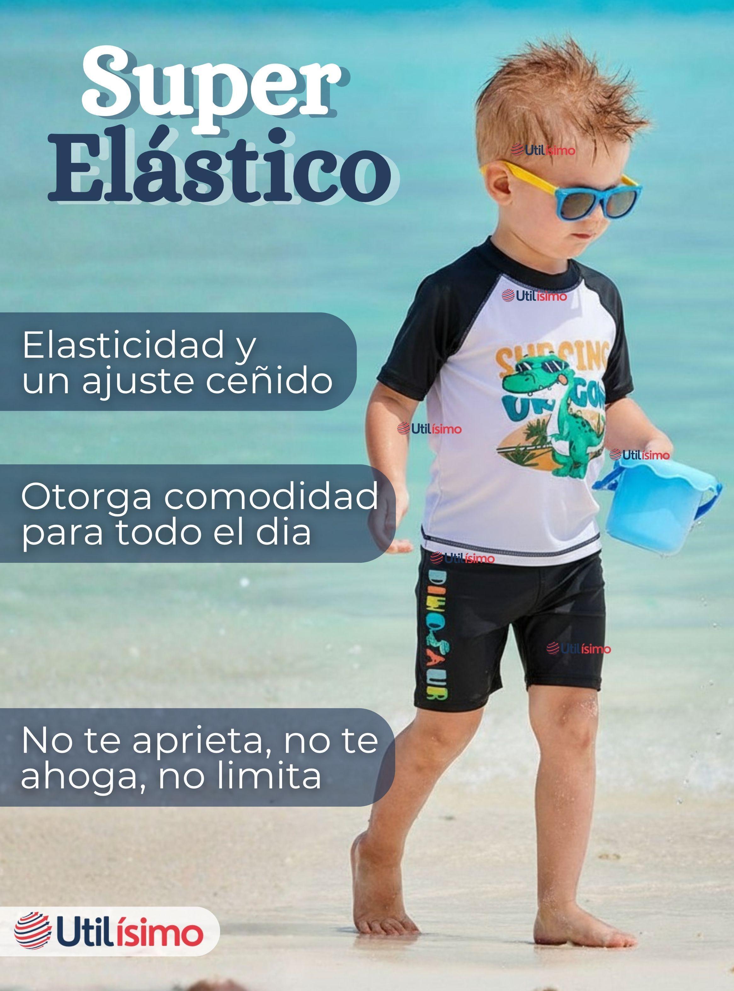 Traje de Baño Polera Manga Corta  Pantalón Corto 2 Piezas para Niño 3 a 9 años Black Dinosaur-4