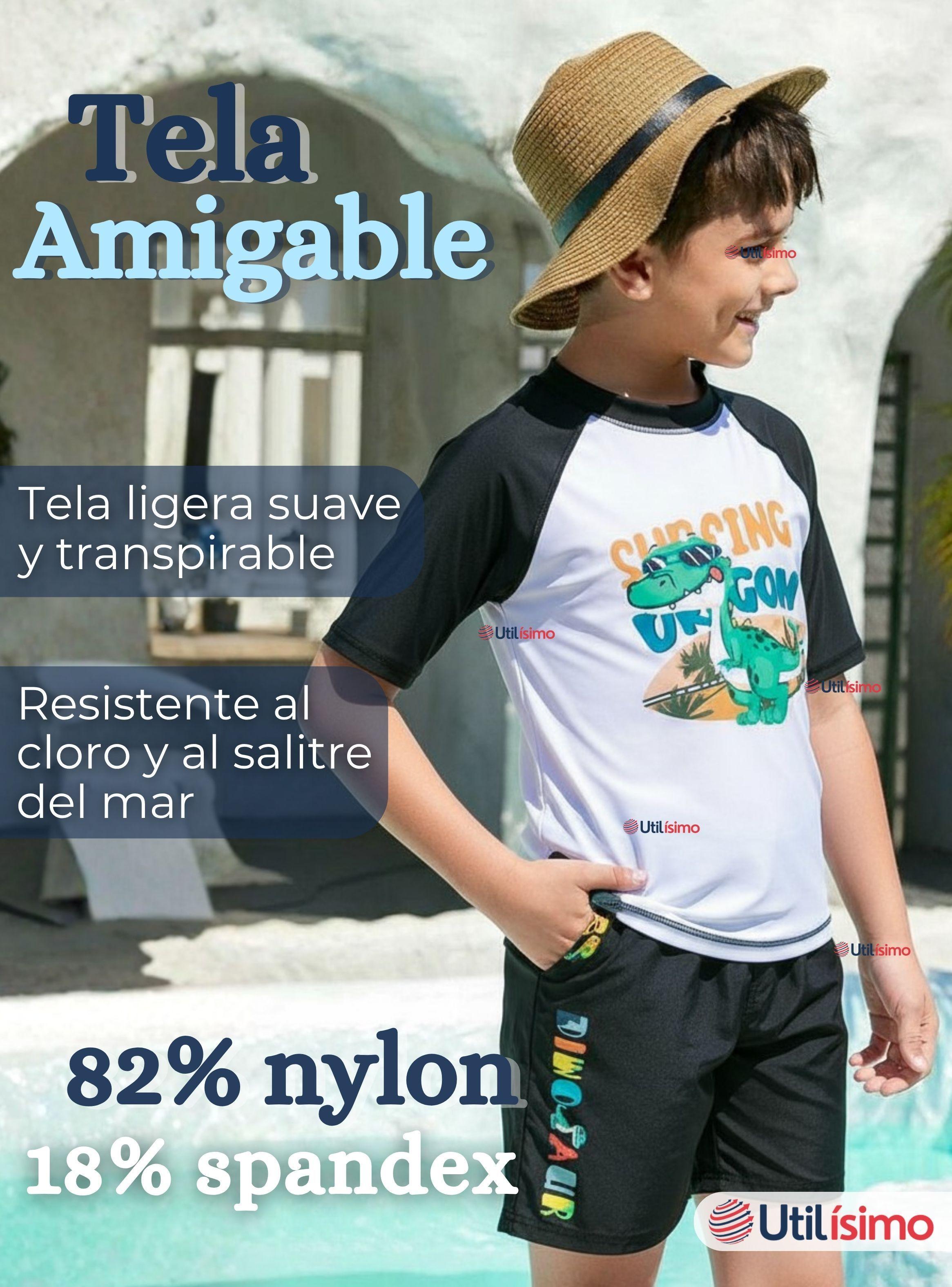 Traje de Baño Polera Manga Corta  Pantalón Corto 2 Piezas para Niño 3 a 9 años Black Dinosaur-5