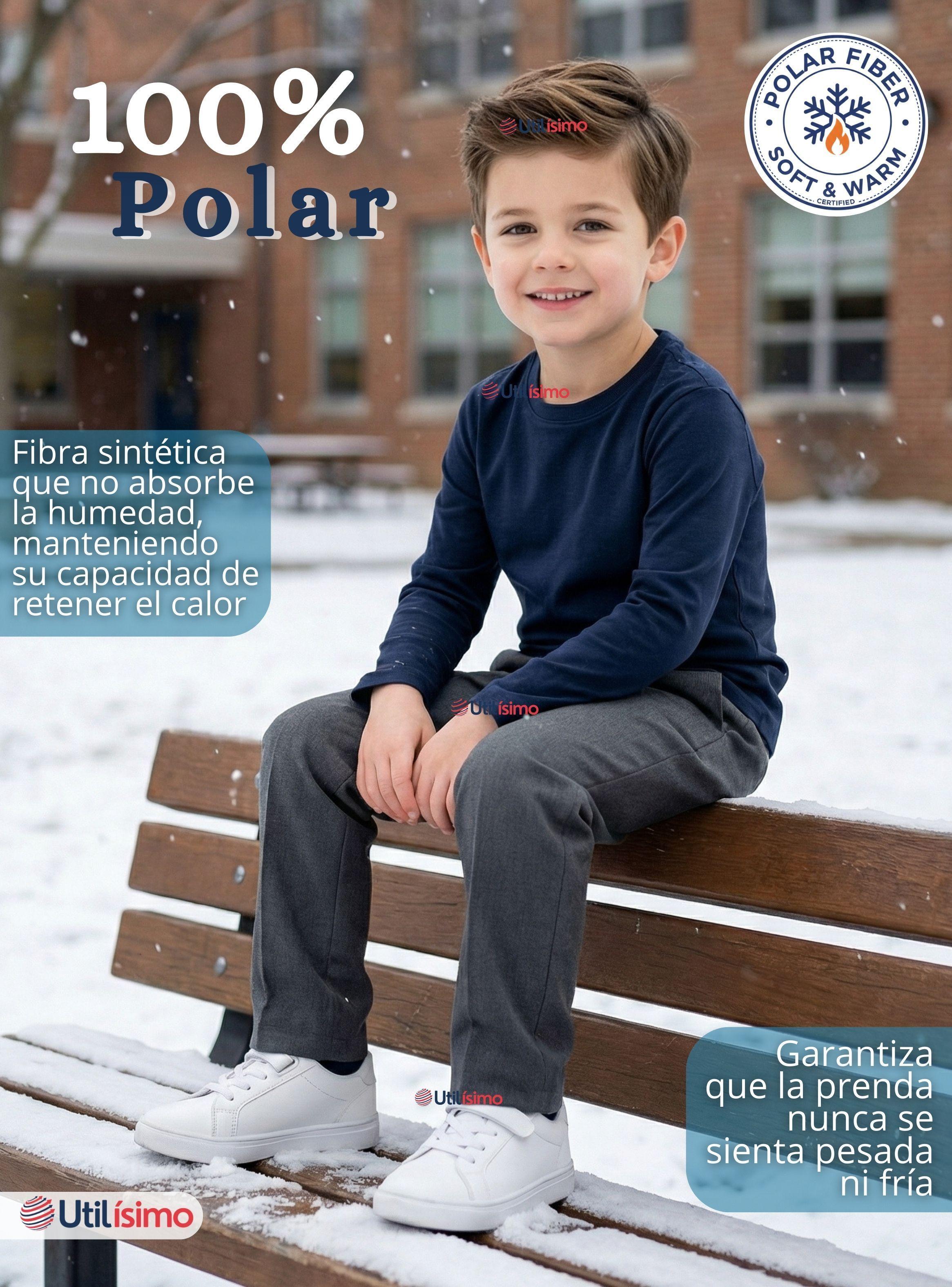 Pack 3 Polera Camiseta Polar Color Azul Primera Capa Escolar Cuello Redondo Manga Larga Niños-3