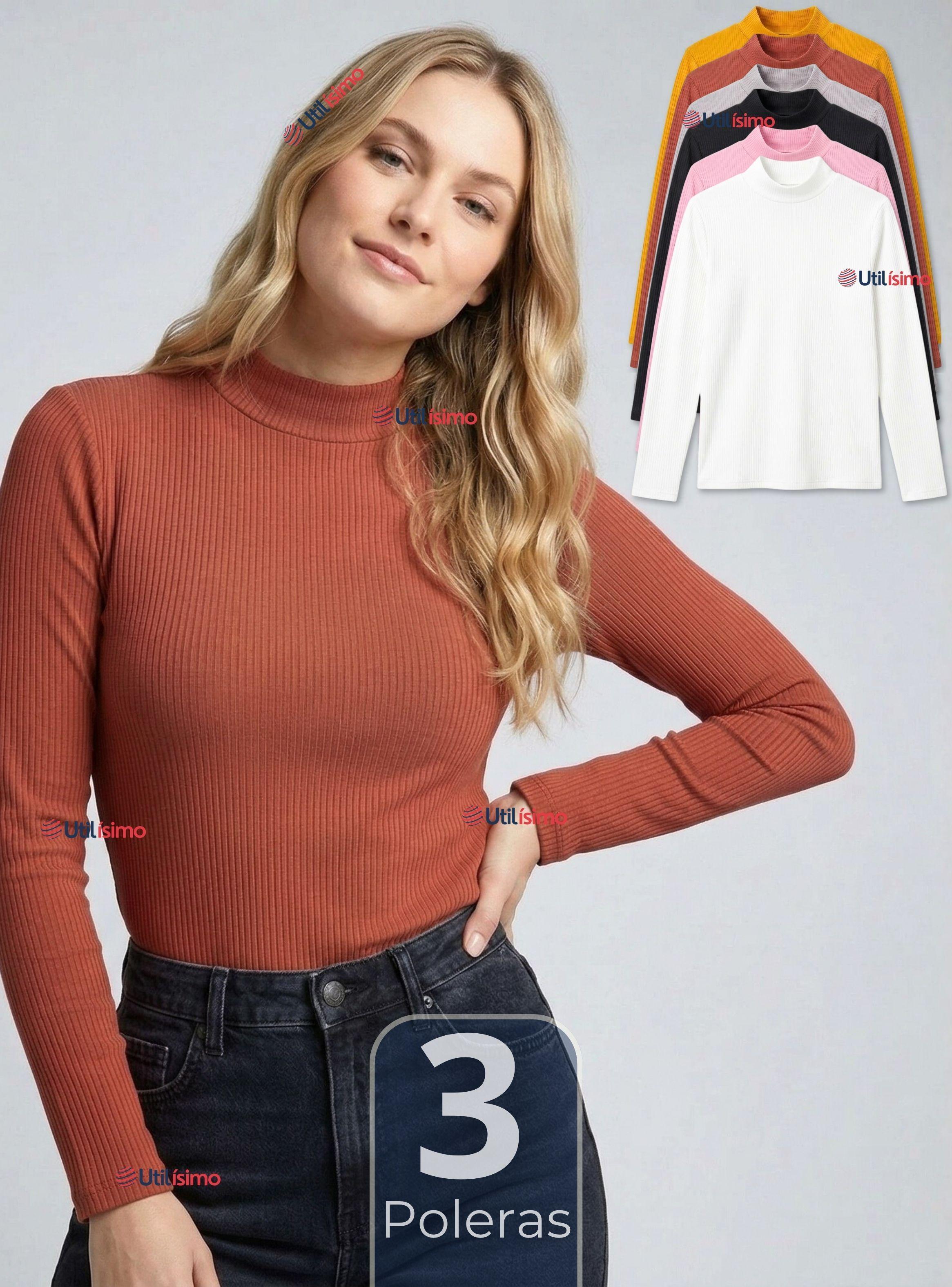 Pack 3 Camiseta Polera Polar Primera Capa Acanalada Cuello Beatle Manga Larga Color Surtidos-0