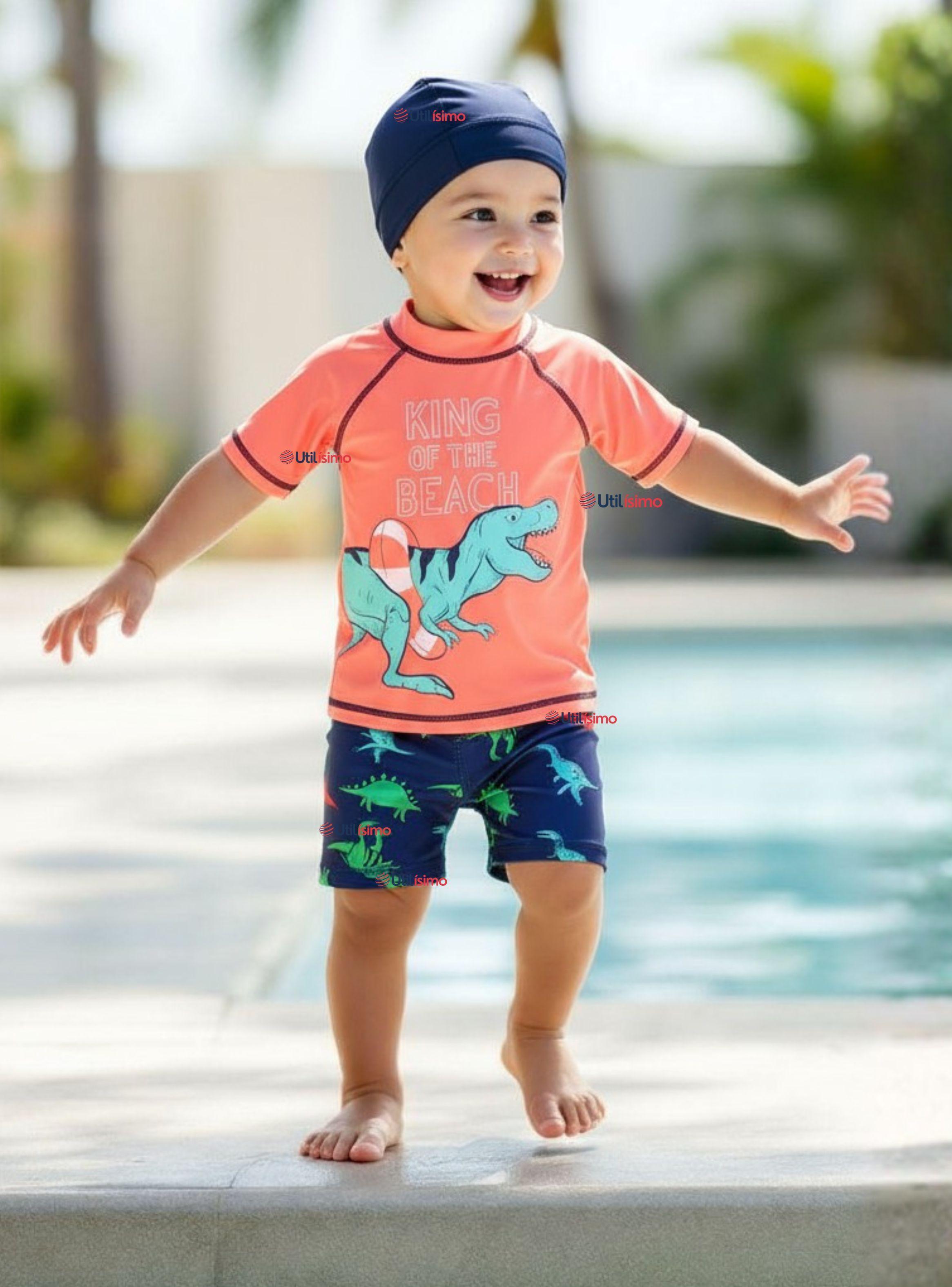 Traje De Baño Con Gorro Polera Pantalón Corto 3 piezas Corte Split Niño 3 a 9 Años Dino-0