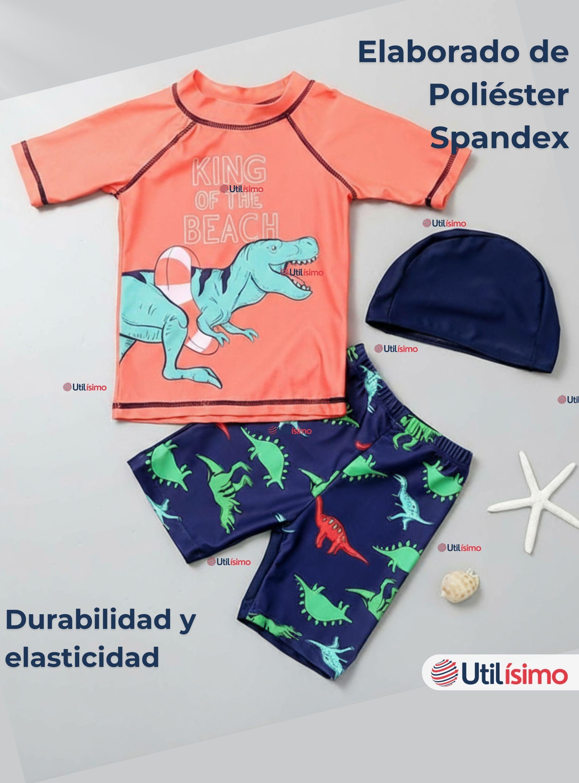 Traje De Baño Con Gorro Polera Pantalón Corto 3 piezas Corte Split Niño 3 a 9 Años Dino-5