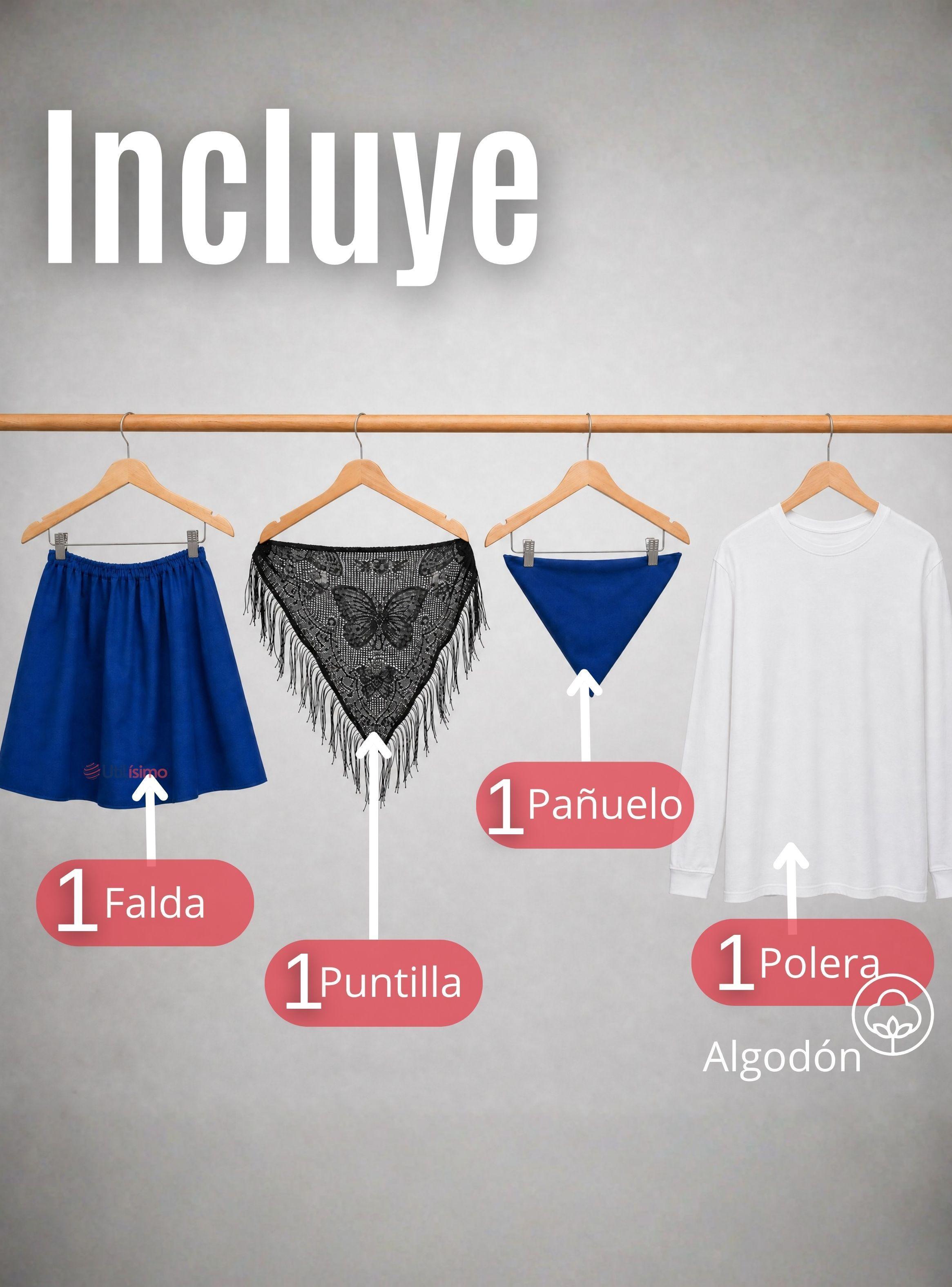 Traje Chilote Niña Azul Con Polera 4 Piezas Baile Tipico Fiestas Patrias-2