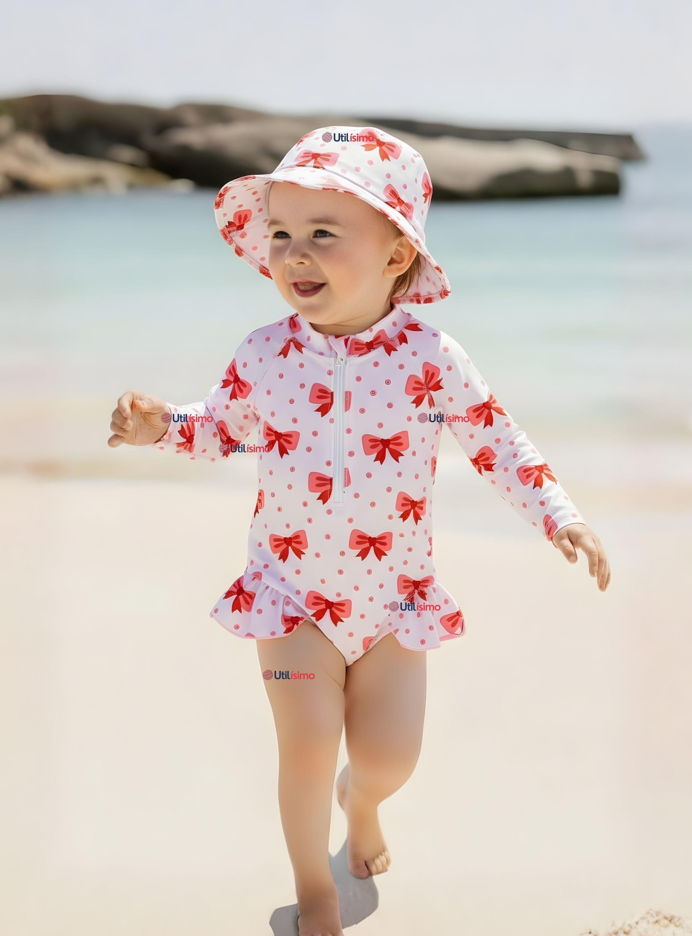 Traje de Baño Enterito Manga Larga Con Gorro 2 Piezas para Niña de 9 a 36 Meses Blanco Lazo-0