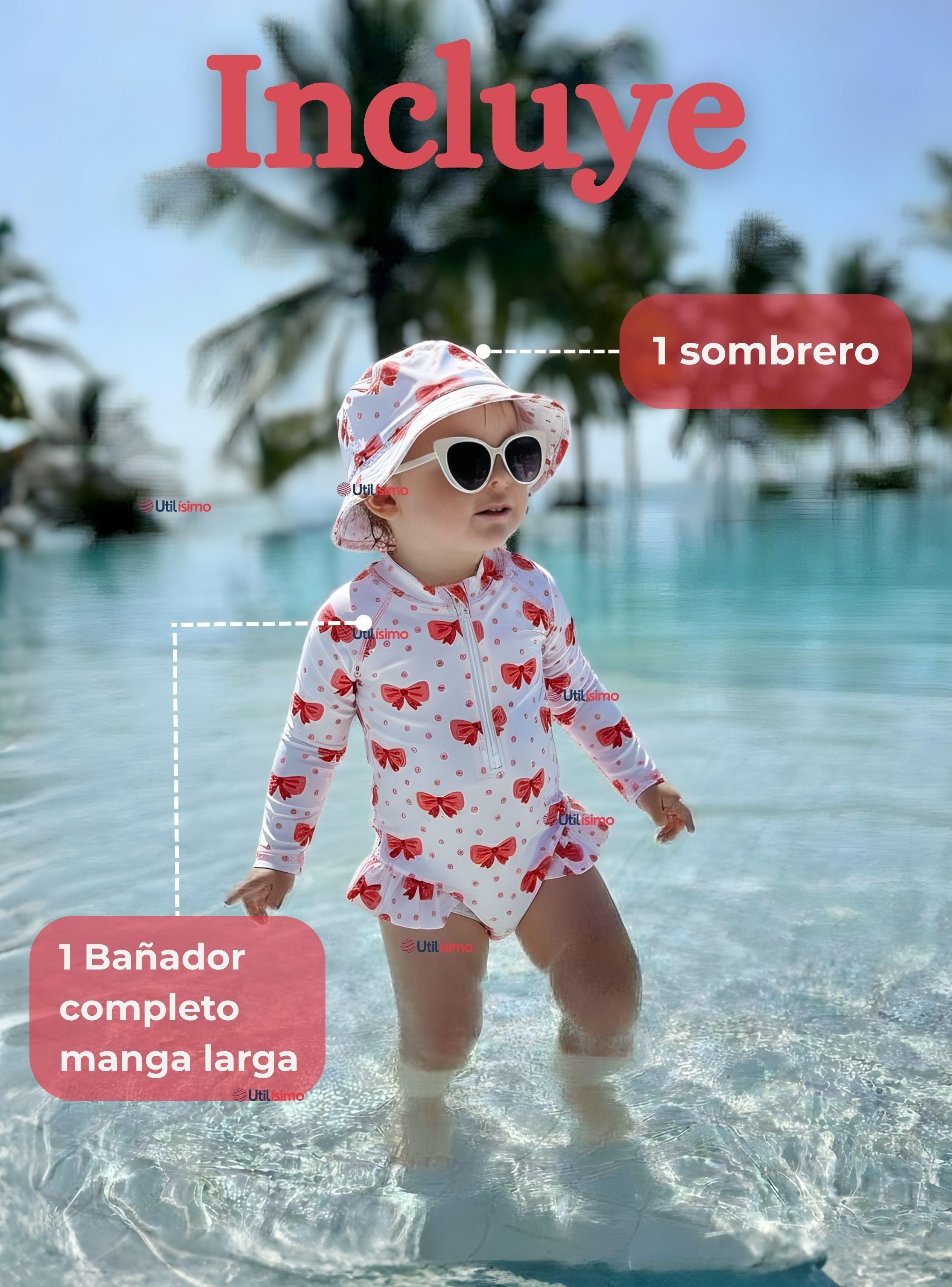 Traje de Baño Enterito Manga Larga Con Gorro 2 Piezas para Niña de 9 a 36 Meses Blanco Lazo-1