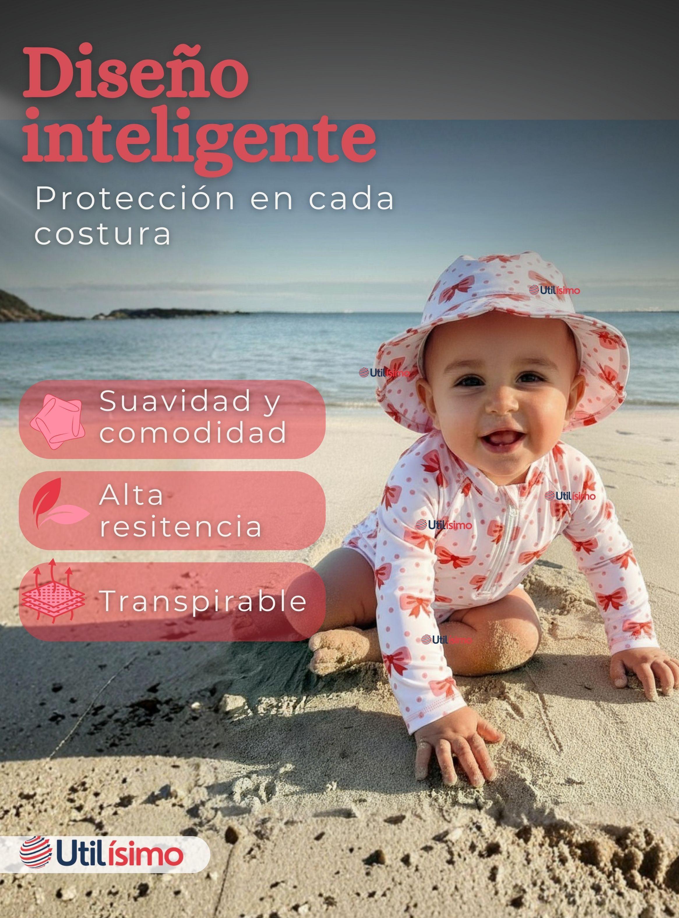 Traje de Baño Enterito Manga Larga Con Gorro 2 Piezas para Niña de 9 a 36 Meses Blanco Lazo-7