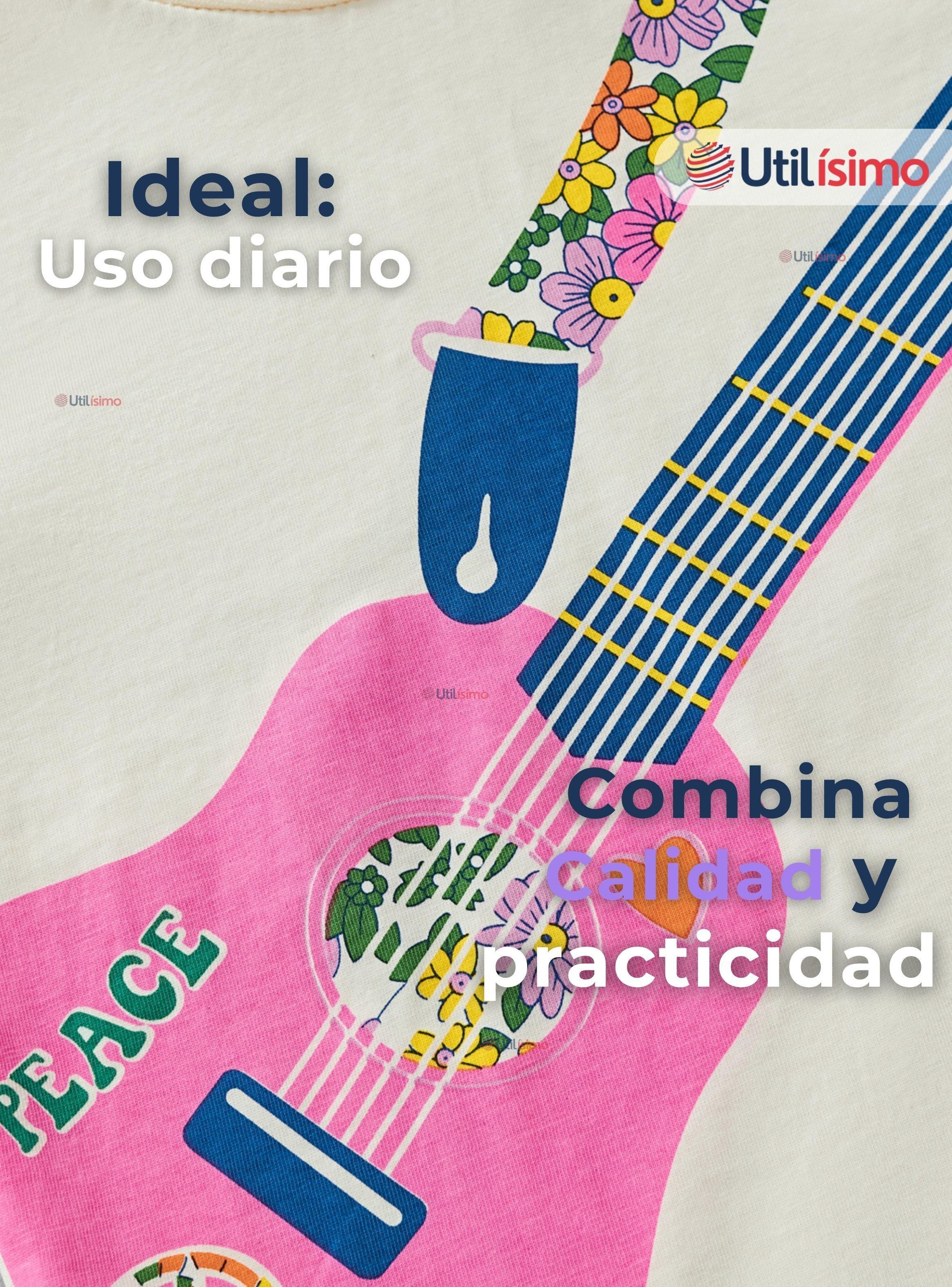 Polera Algodón Manga Larga Niñas Camiseta Guitarra Blanco-3