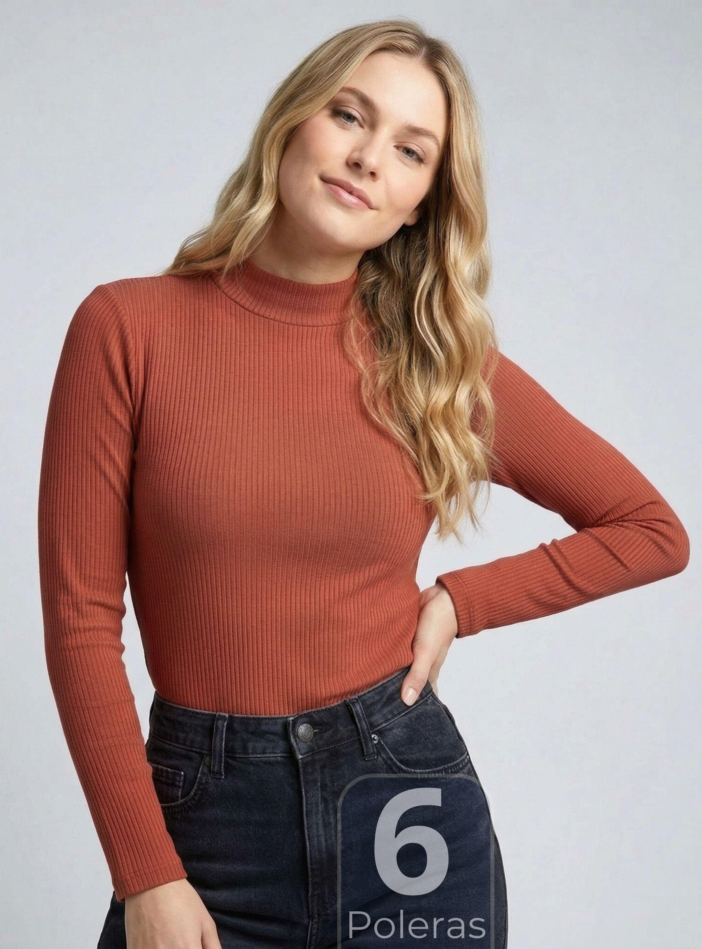 Pack 6 Camiseta Polera Polar Primera Capa Acanalada Cuello Beatle Manga Larga Color Surtidos Mujer-0