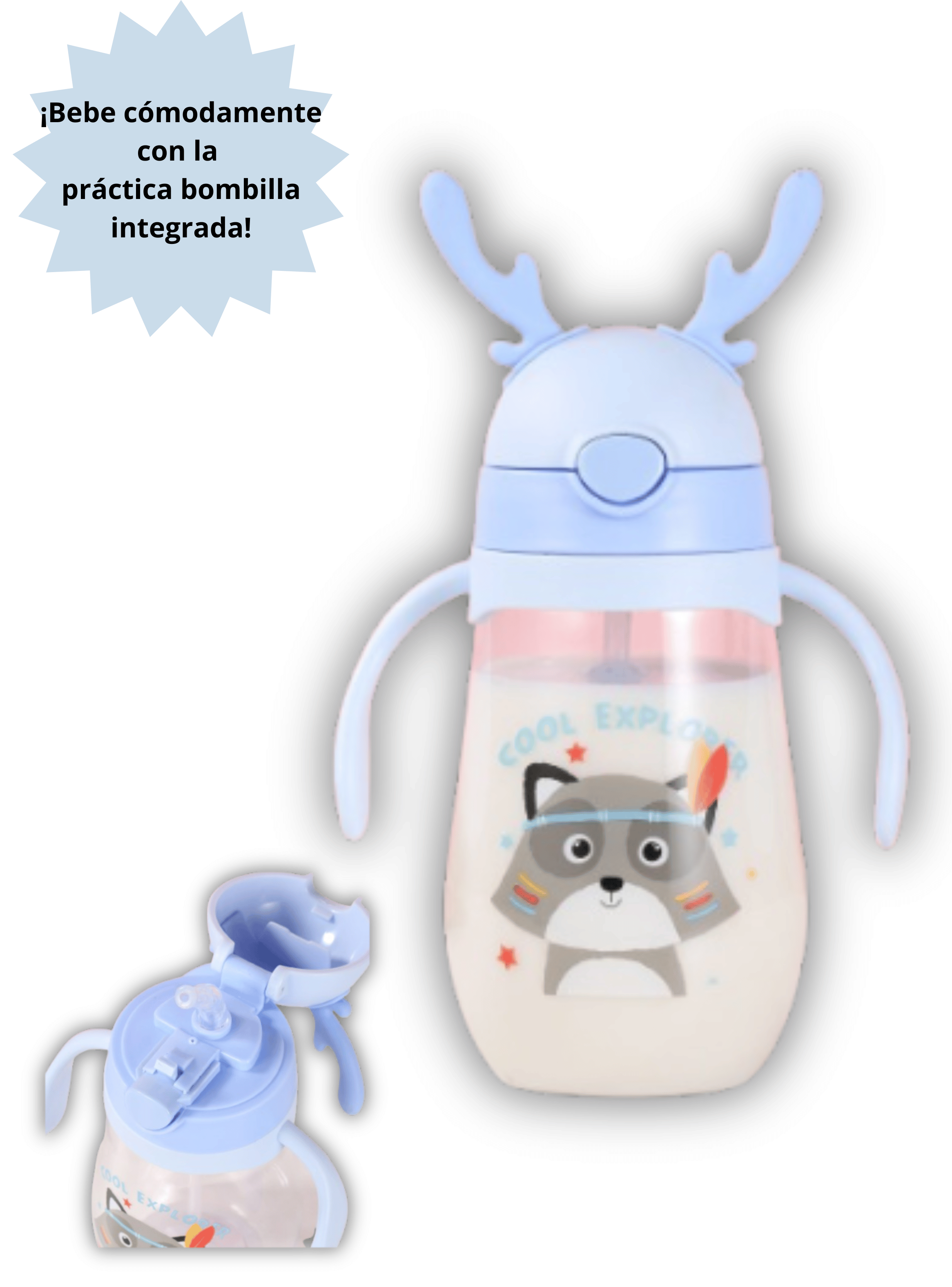 Botella Plástica 480 ML Con Bombilla Y Orejitas Kawai Sin BPA Niños Fox-2