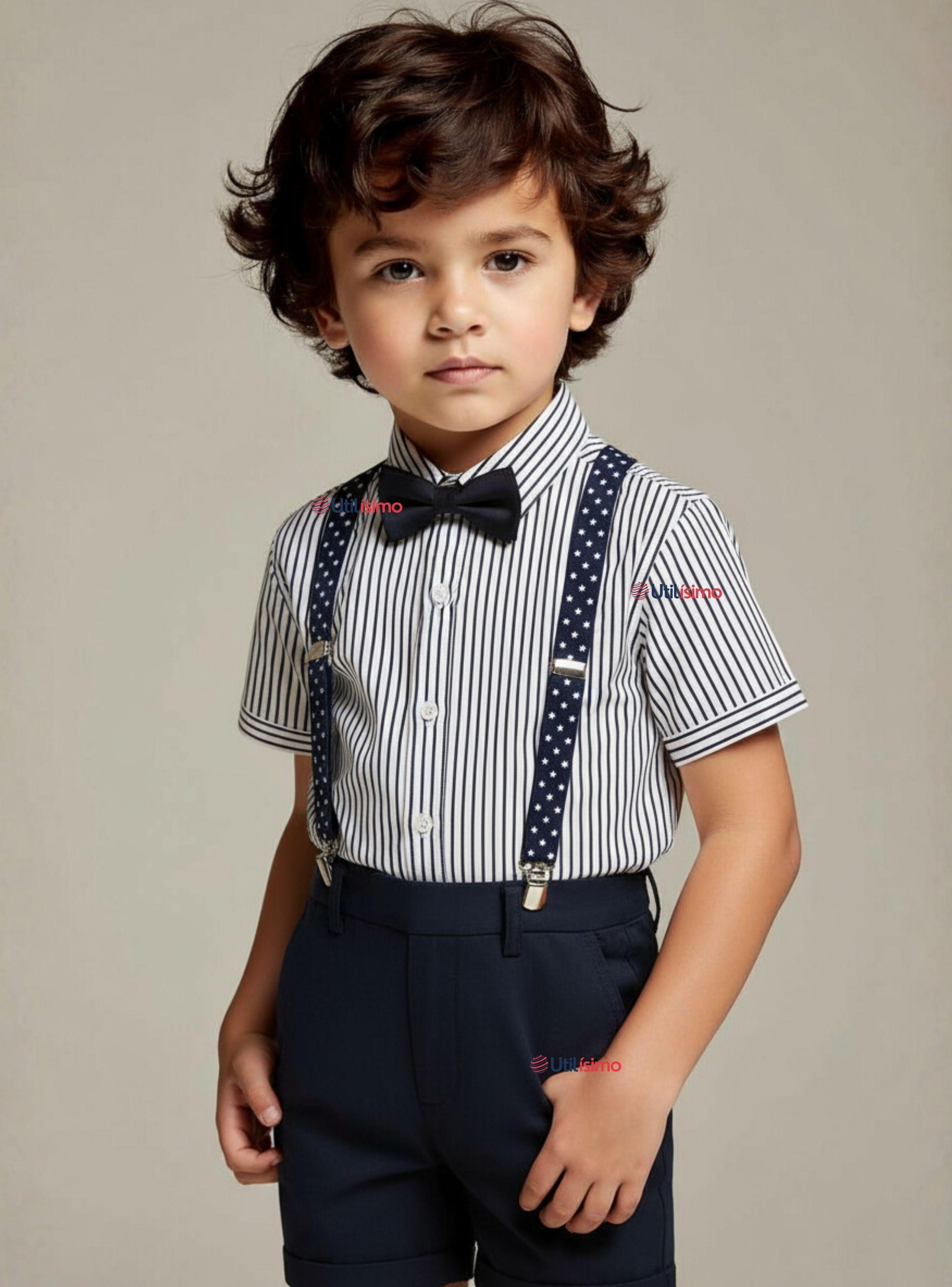 Conjunto de Vestir con Tirantes Camisa Blanca de Rayas y Pantalón Corto Algodón Niño-0