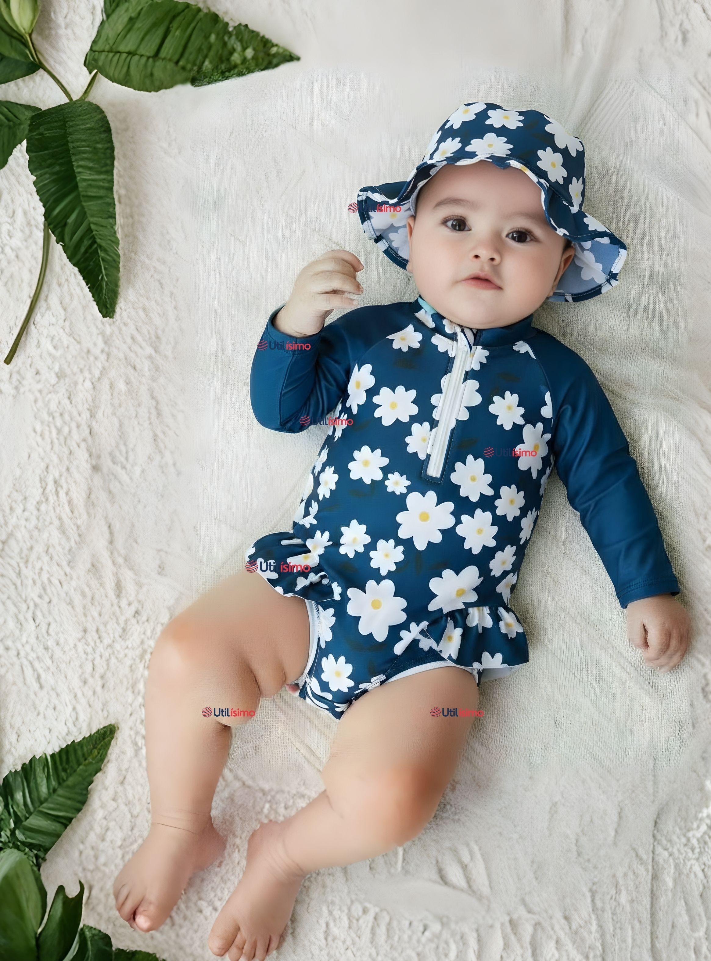 Traje de Baño Enterito Manga Larga Con Gorro 2 Piezas Niña de 9 a 36 Meses Azul-0