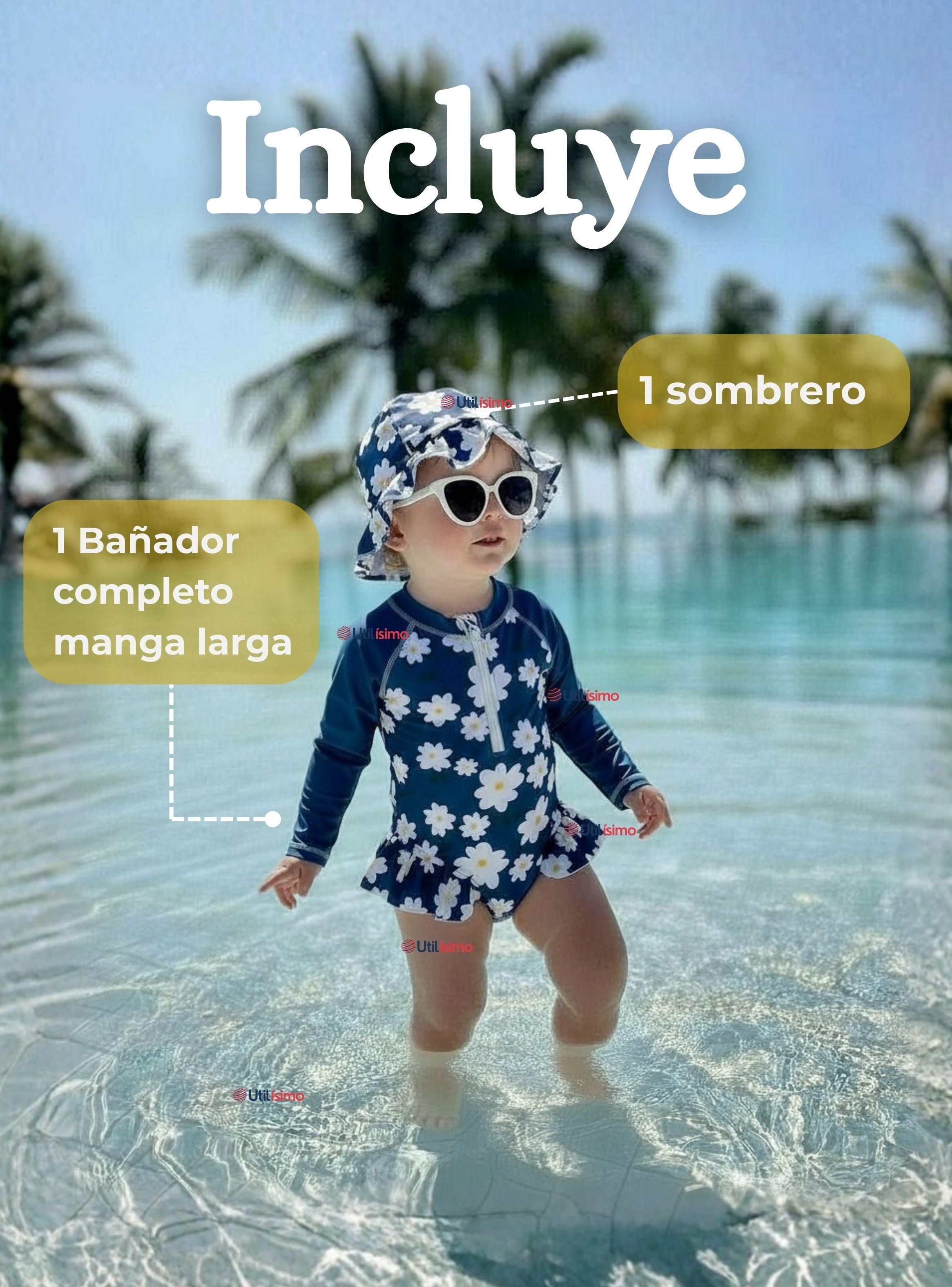 Traje de Baño Enterito Manga Larga Con Gorro 2 Piezas Niña de 9 a 36 Meses Azul-1