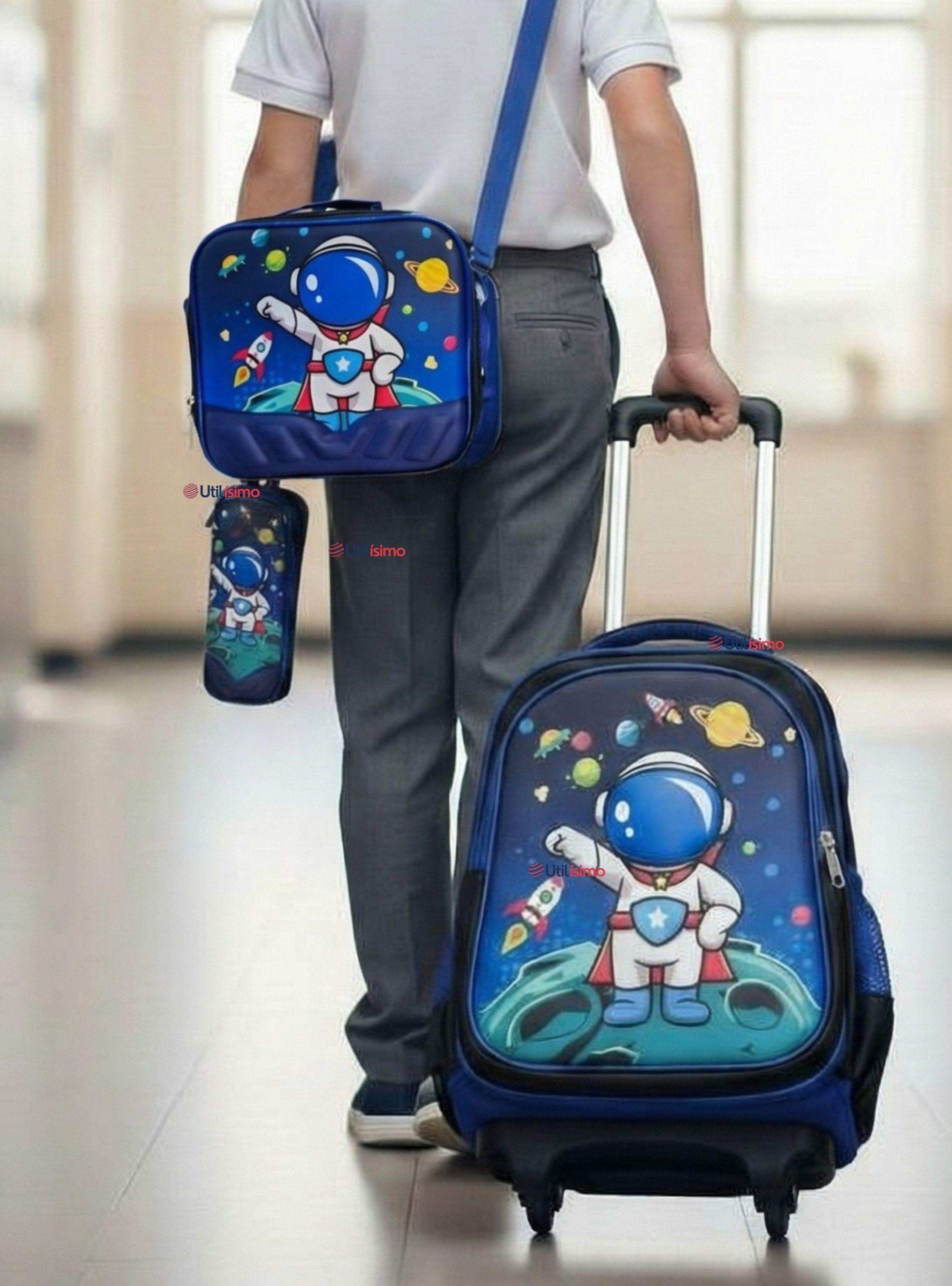 Mochila Escolar Con Ruedas + Estuche + Lonchera Poliéster Diseño de Astronauta para Niños-0