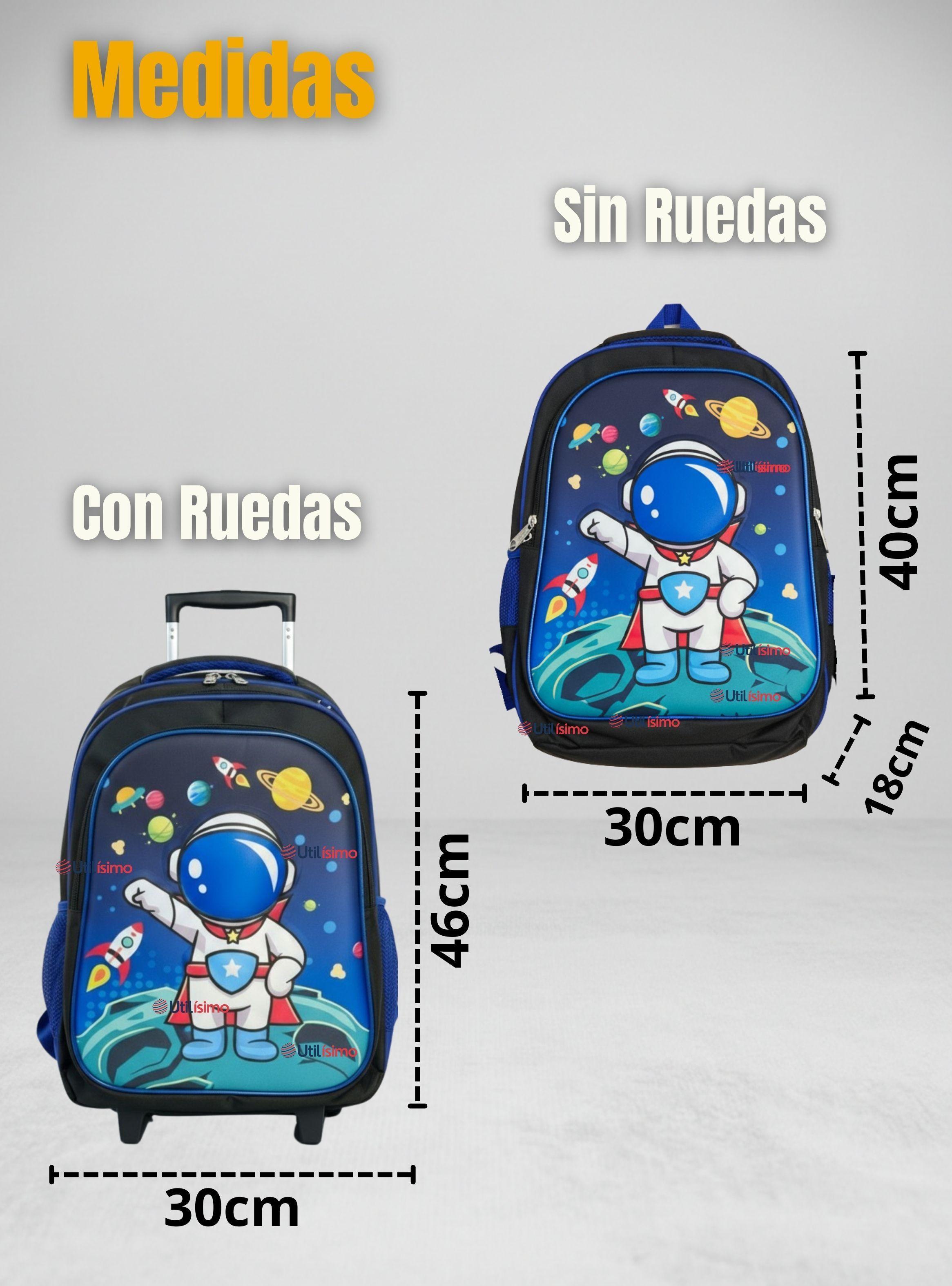 Mochila Escolar Con Ruedas + Estuche + Lonchera Poliéster Diseño de Astronauta para Niños-3