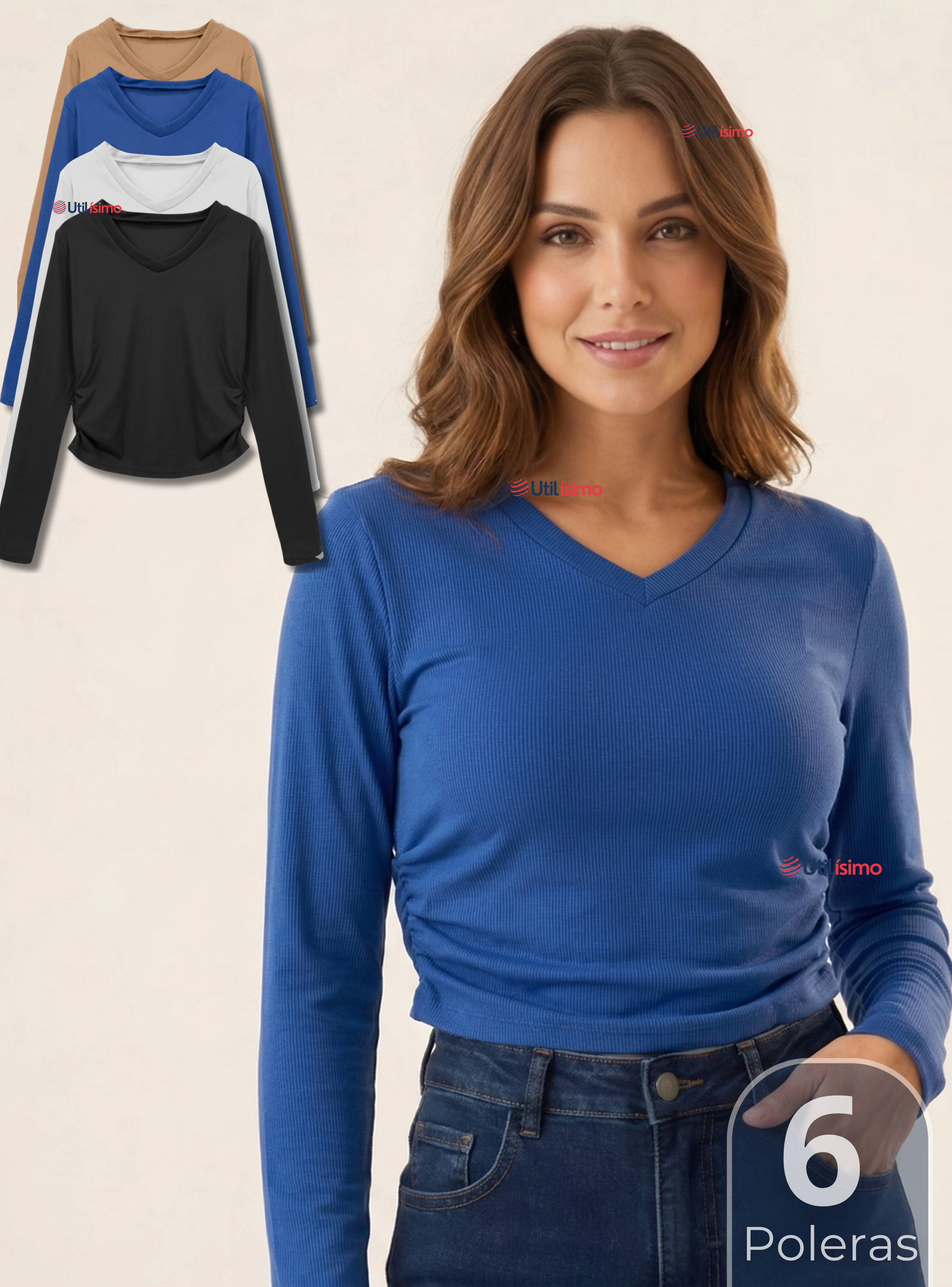 Pack 6 Camisetas Polar Polera Cuello V Mujer Manga Larga Tela Acanalada Colores Surtidos-0