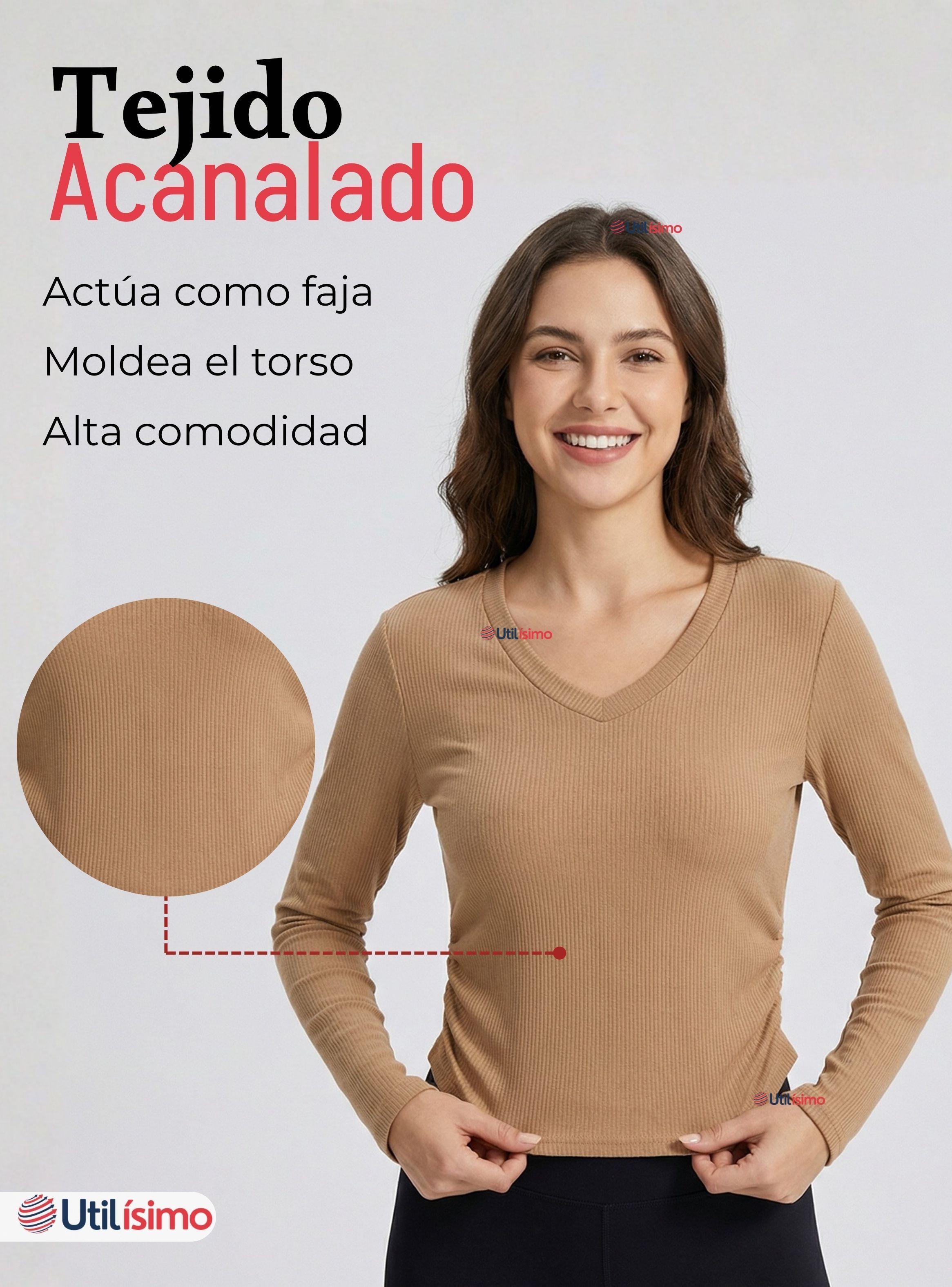 Pack 6 Camisetas Polar Polera Cuello V Mujer Manga Larga Tela Acanalada Colores Surtidos-4