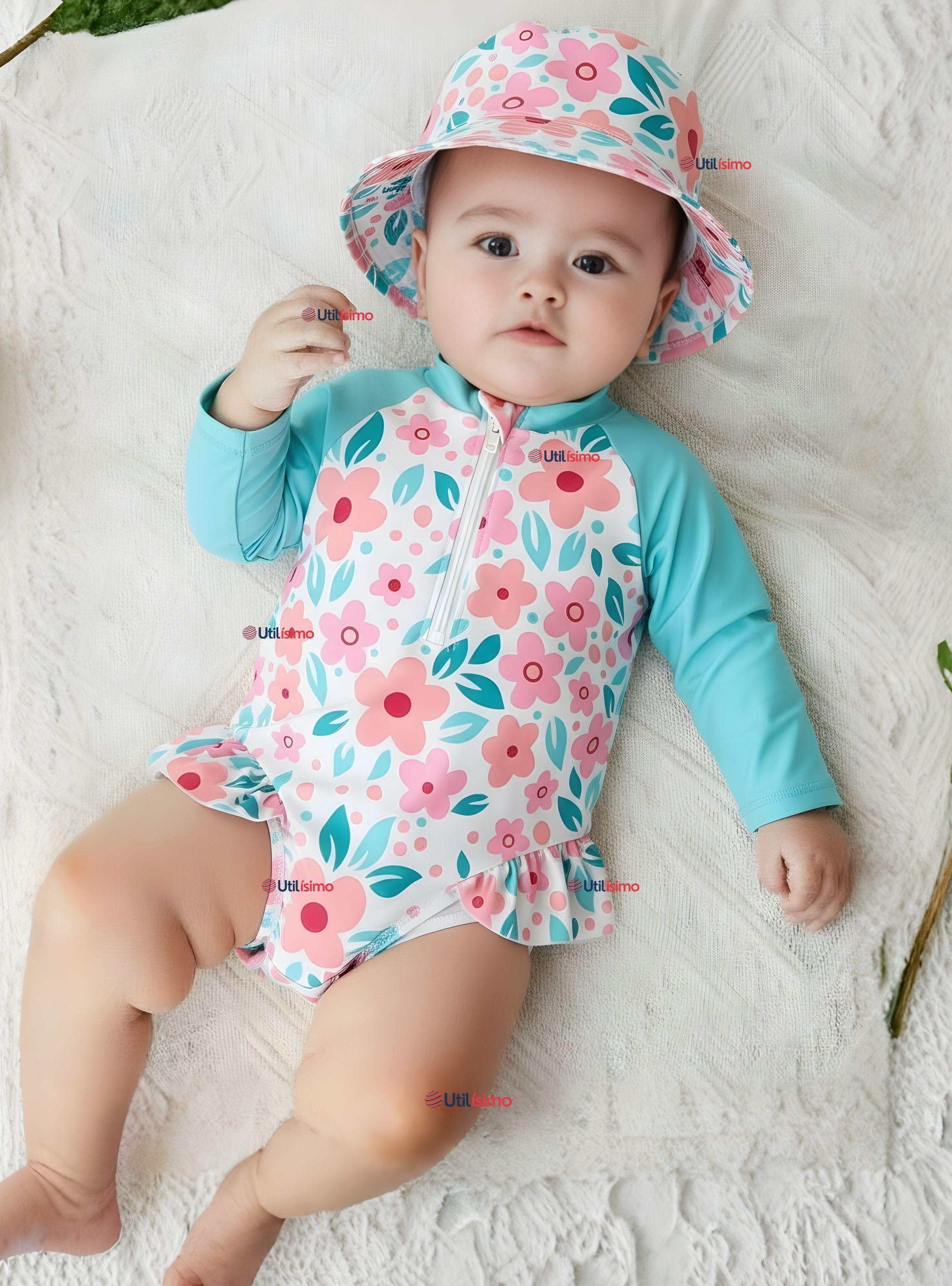 Traje de Baño Enterito Manga Larga Con Gorro para Niña de 9 a 36 Meses Turquesa-0