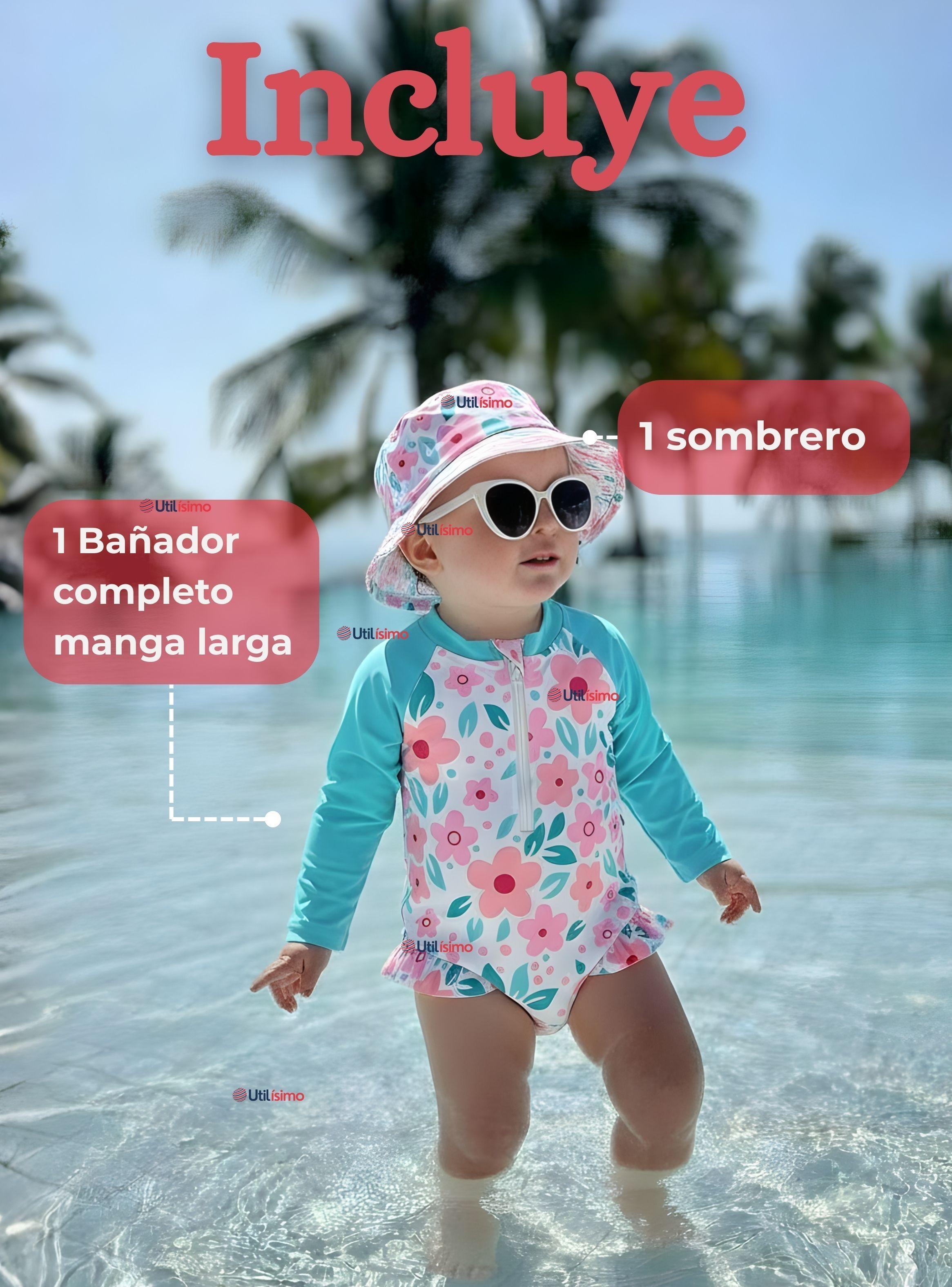 Traje de Baño Enterito Manga Larga Con Gorro para Niña de 9 a 36 Meses Turquesa-1