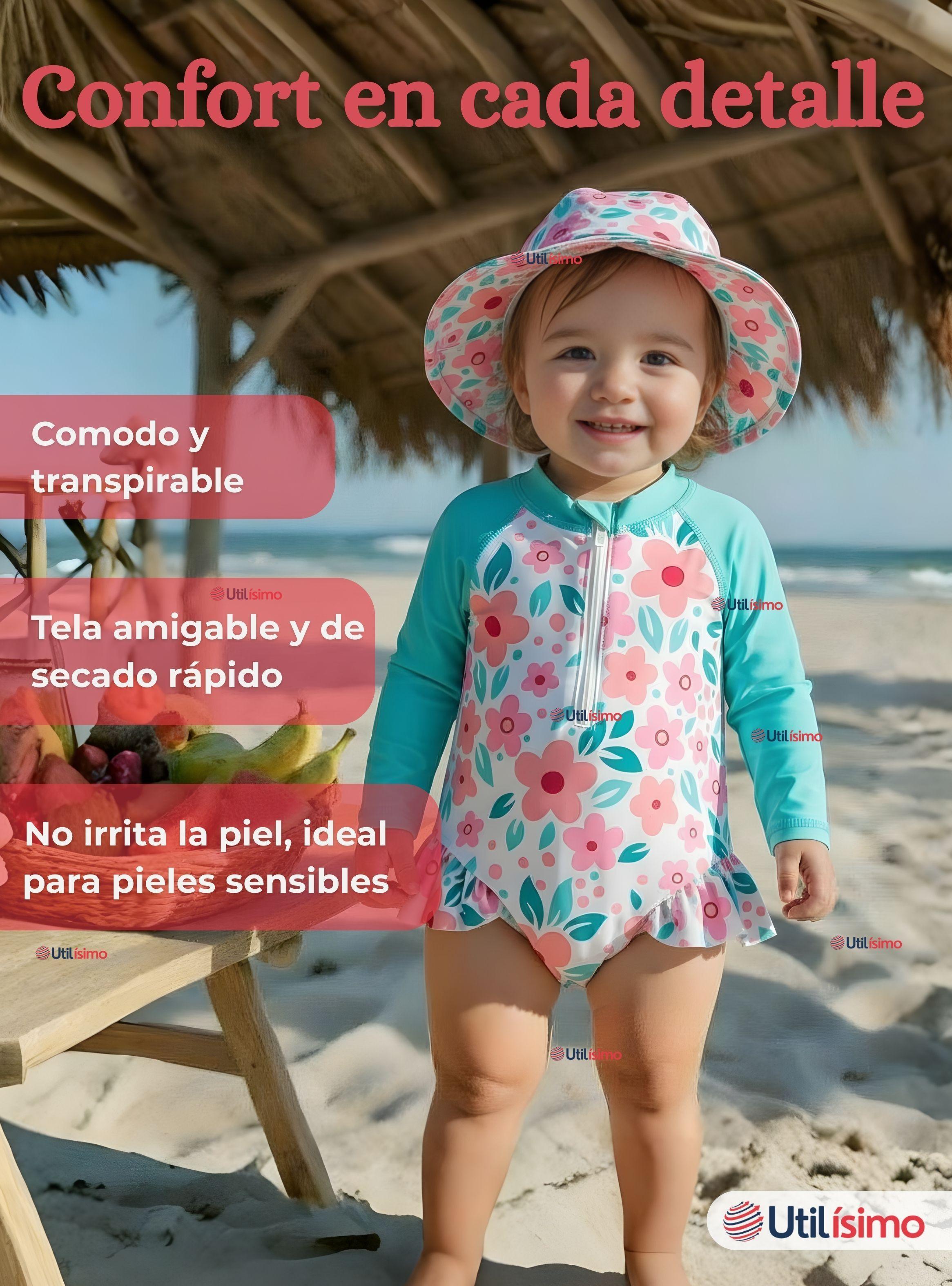 Traje de Baño Enterito Manga Larga Con Gorro para Niña de 9 a 36 Meses Turquesa-6