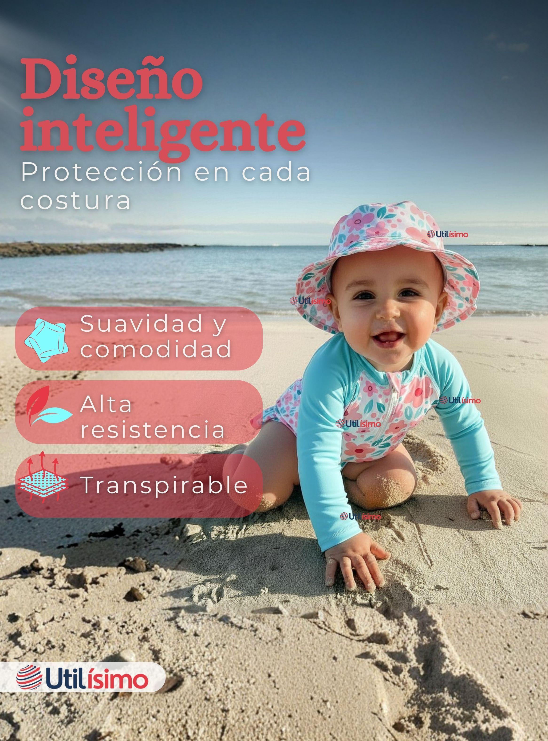 Traje de Baño Enterito Manga Larga Con Gorro para Niña de 9 a 36 Meses Turquesa-7