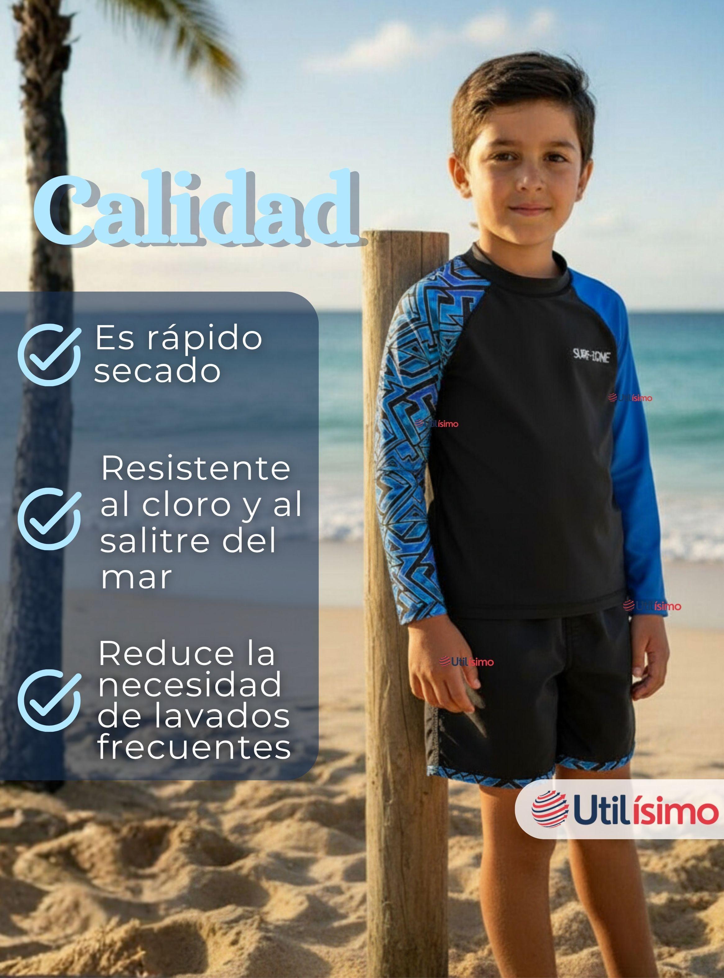 Traje de Baño Polera Manga Larga Pantalón Corto 2 Piezas Corte Split Para Niños 3 a 11 años Black-6