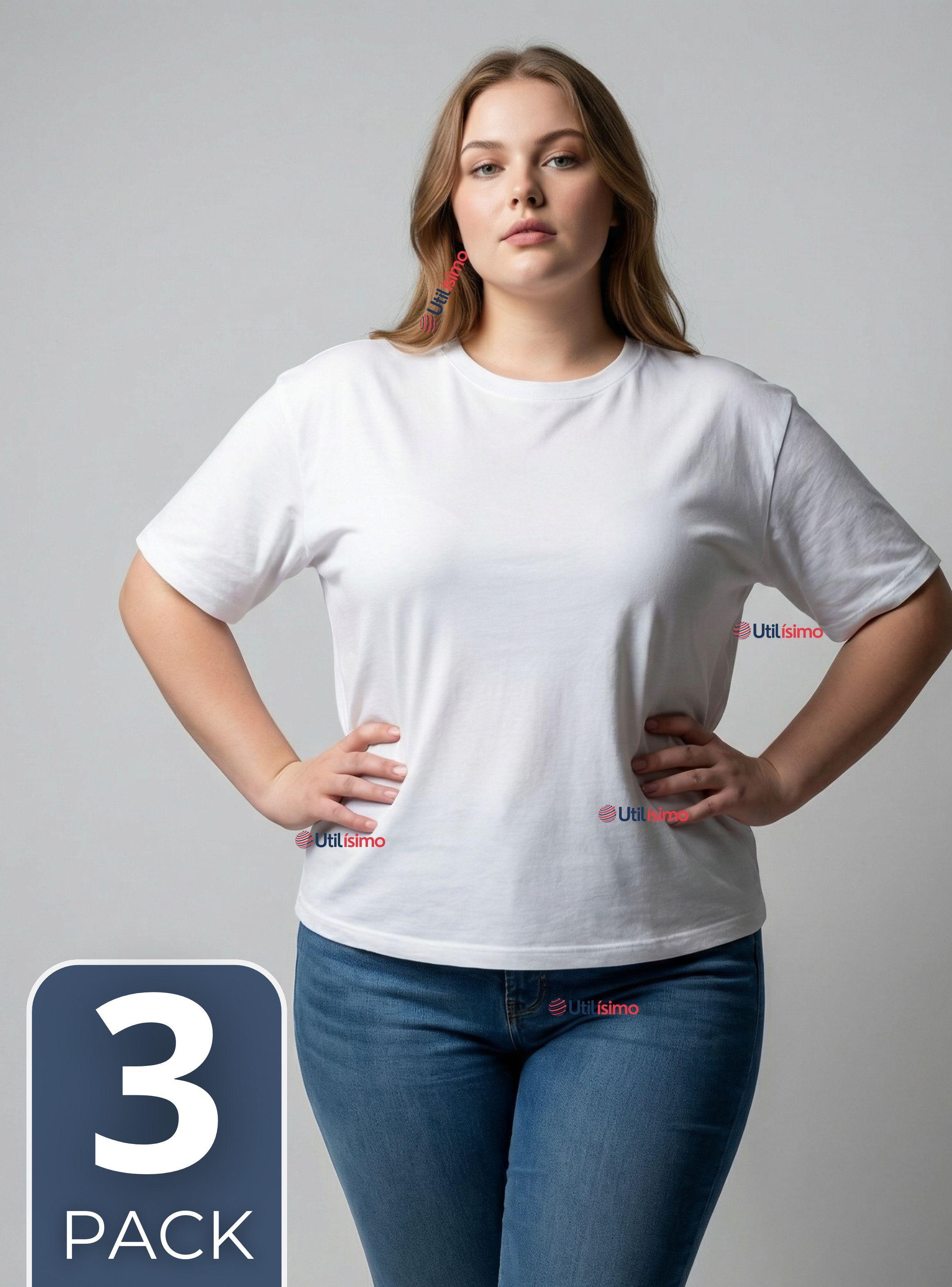 Pack 3 Camisetas Poleras 100% Algodón Básica Lisa Elástica para Mujer Blanco-0