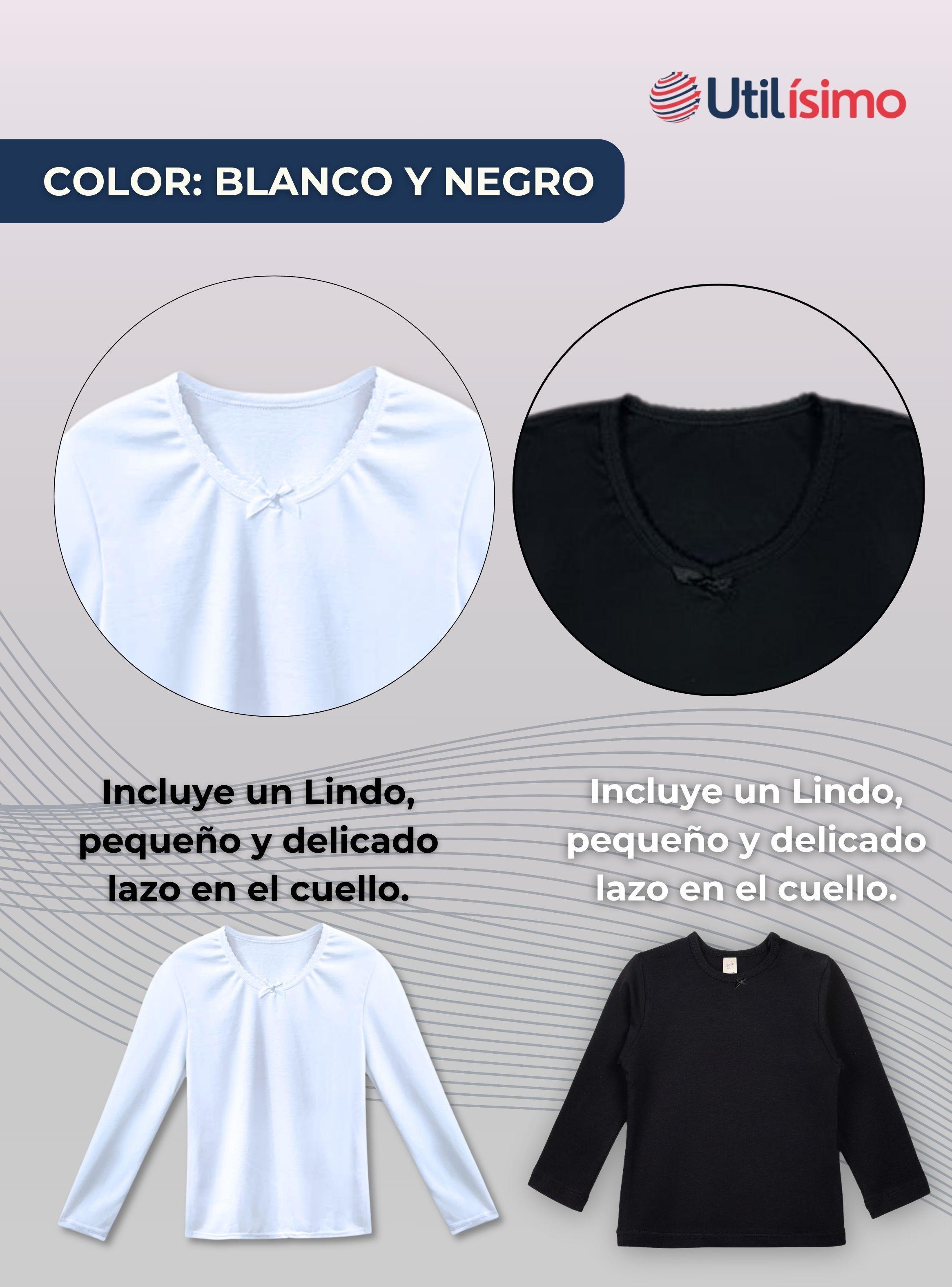 Camiseta Algodón Manga Larga Polera Niña Primera Capa Cuello Redondo Blanco Negra-2