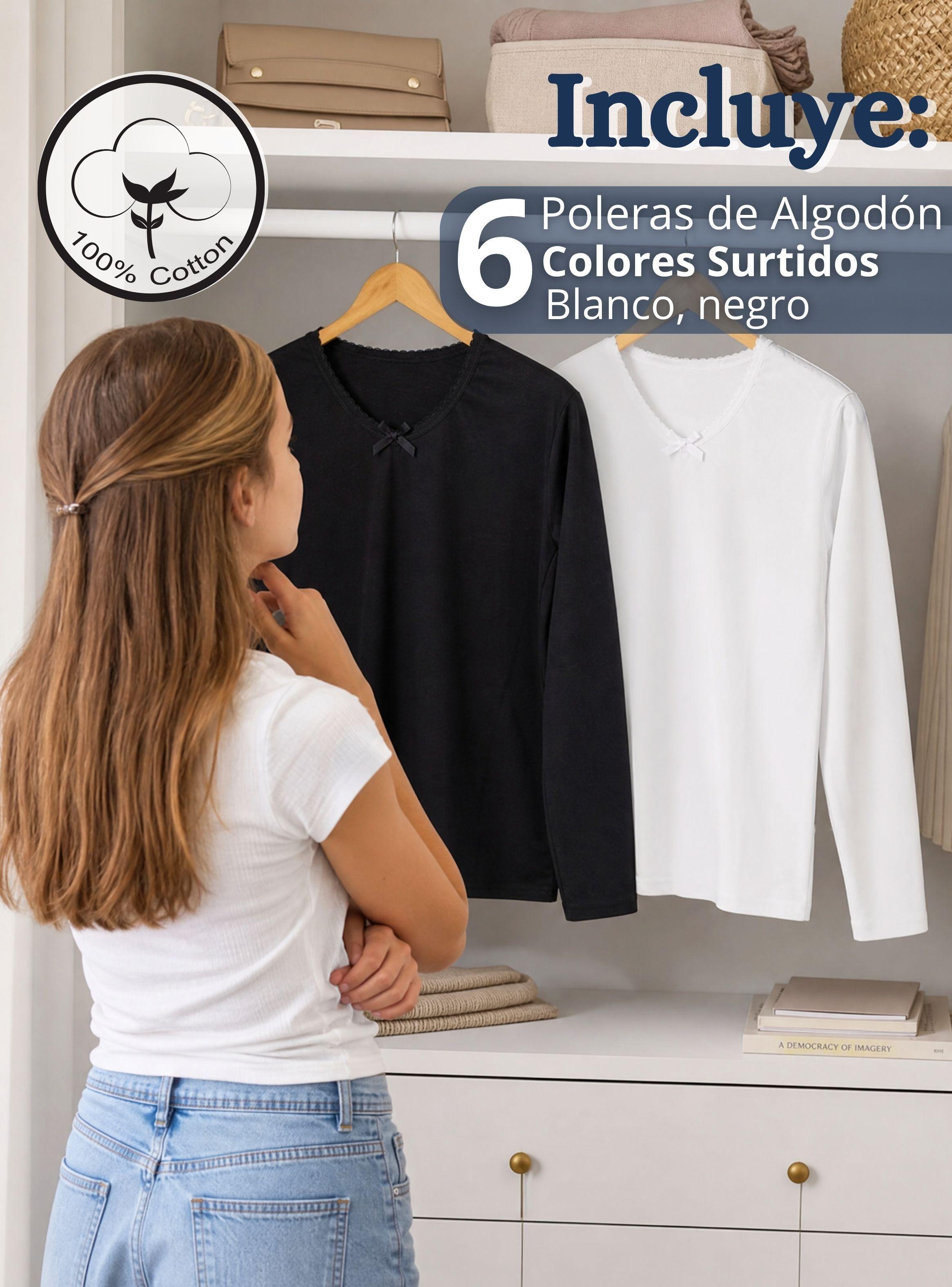 Pack 6 Camisetas Poleras Algodón Básica Primera Capa Manga Larga Cuello Redondo Colores Surtidos-2