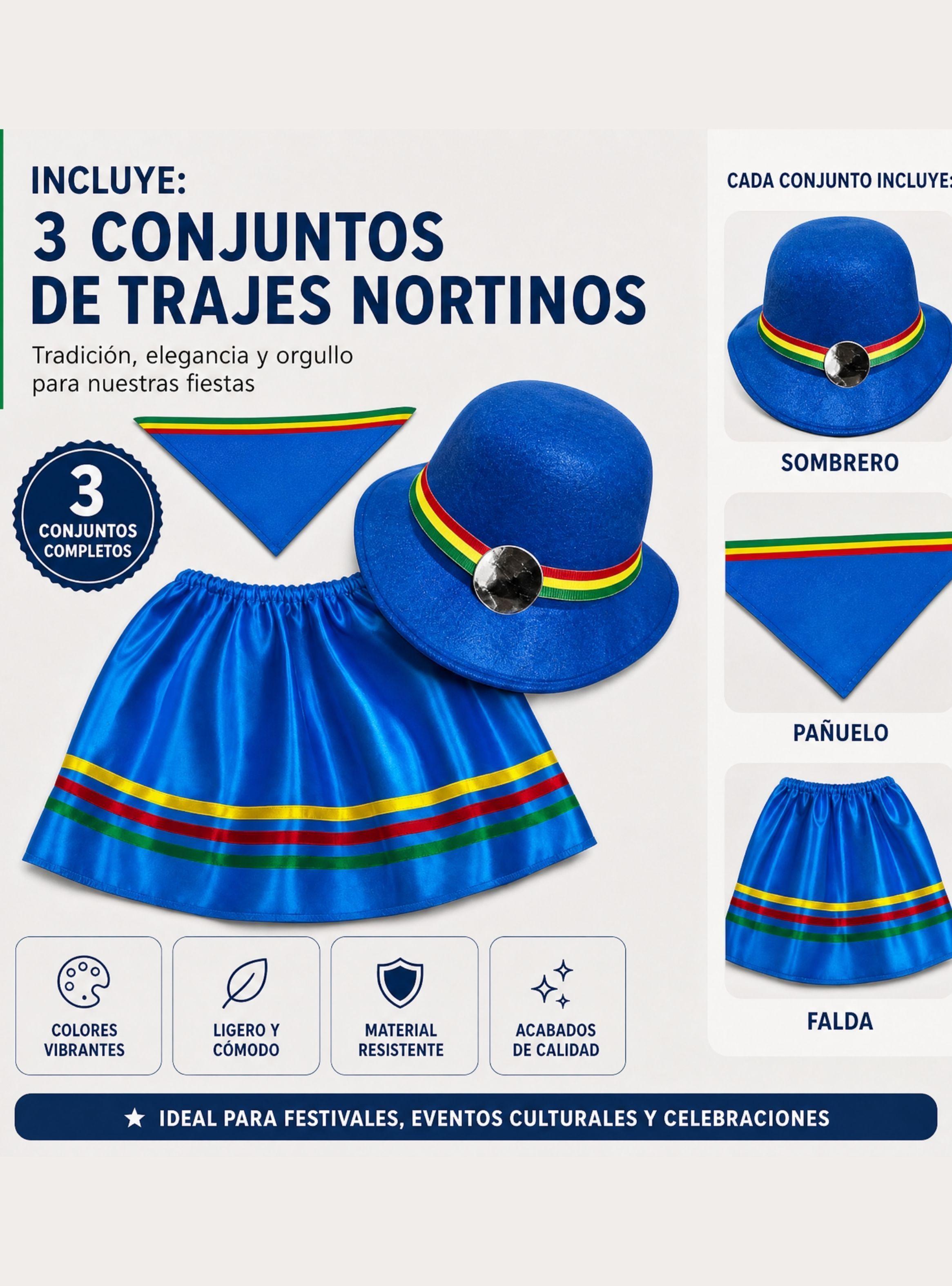 Pack 3 Trajes Nortinos Niña 3 piezas color Azul Baile Típico Fiestas Patrias-2