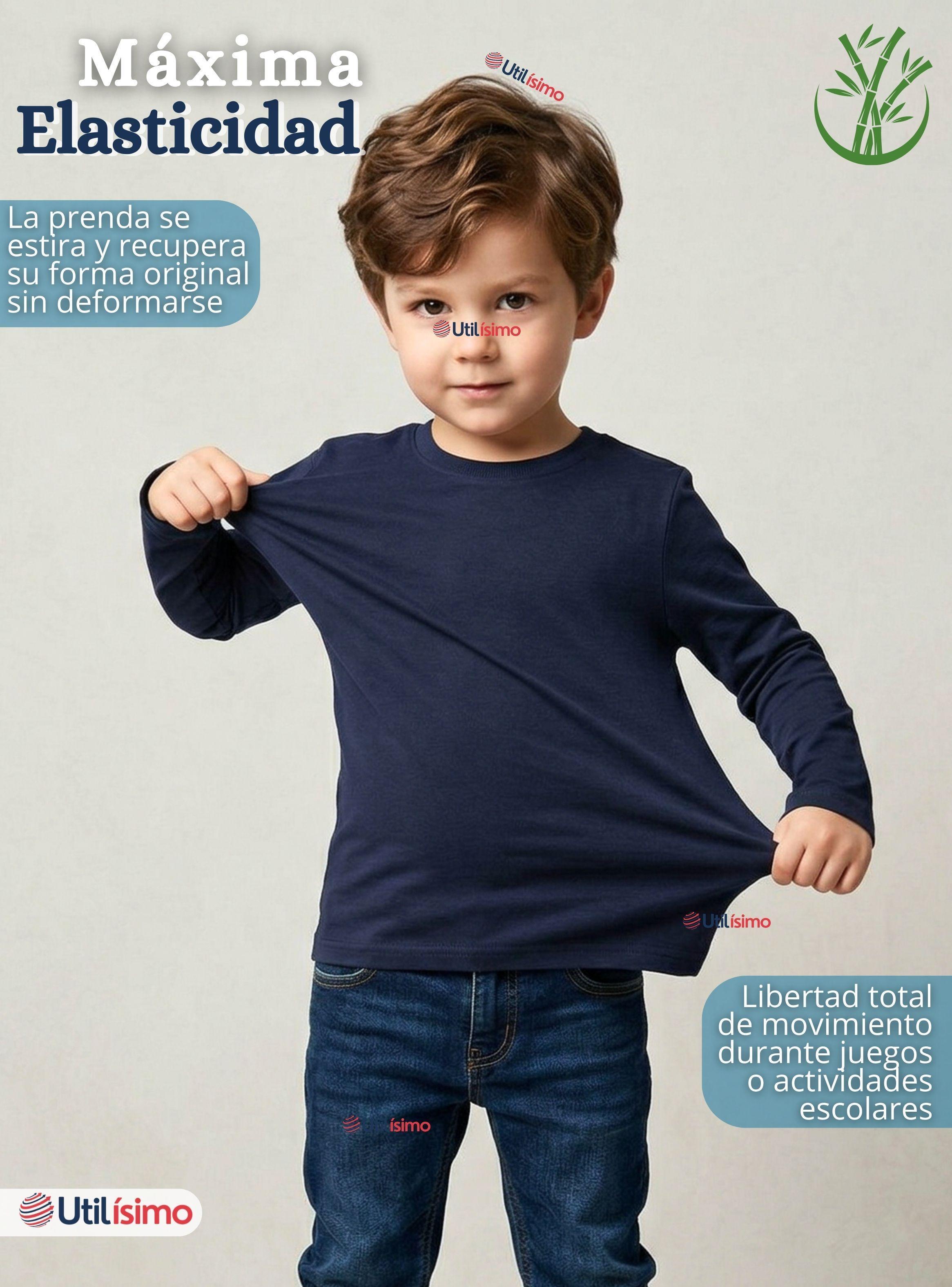 Polera Camiseta Bambú Color Azul Oscuro de Cuello Redondo Primera Capa Manga Larga Niños-4