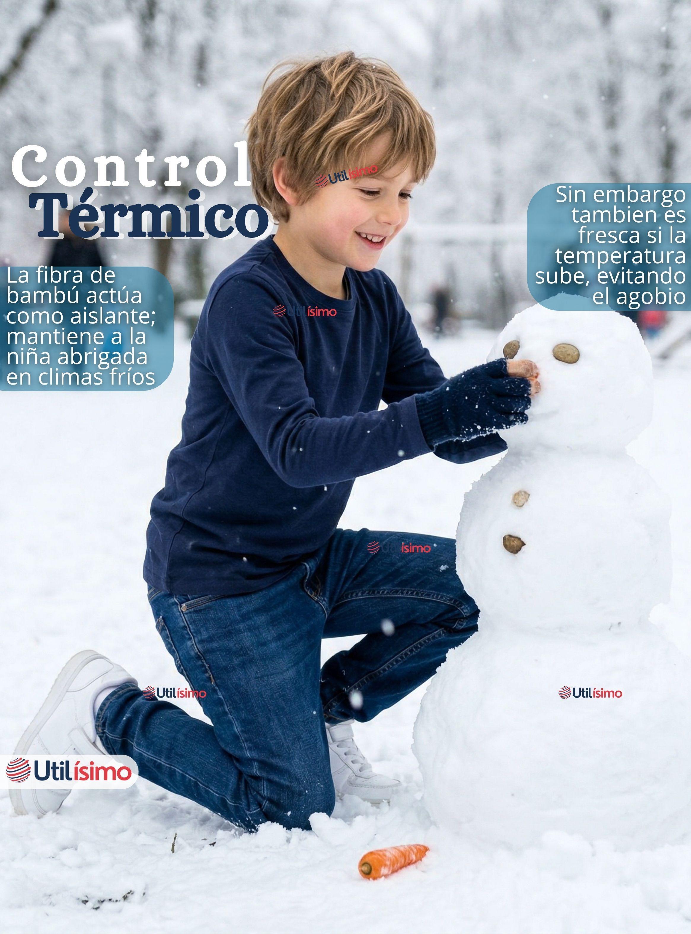 Polera Camiseta Bambú Color Azul Oscuro de Cuello Redondo Primera Capa Manga Larga Niños-5