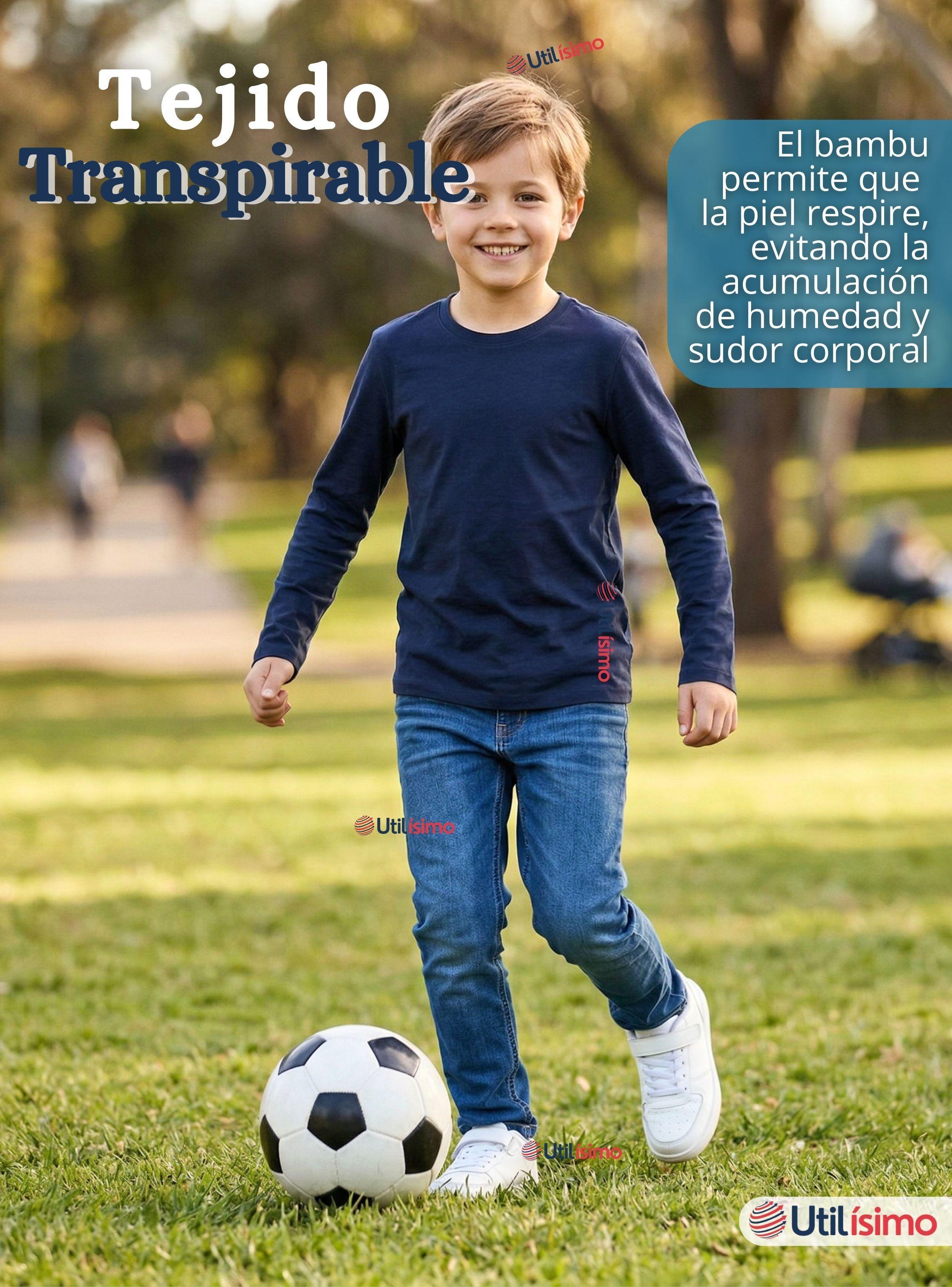 Polera Camiseta Bambú Color Azul Oscuro de Cuello Redondo Primera Capa Manga Larga Niños-7