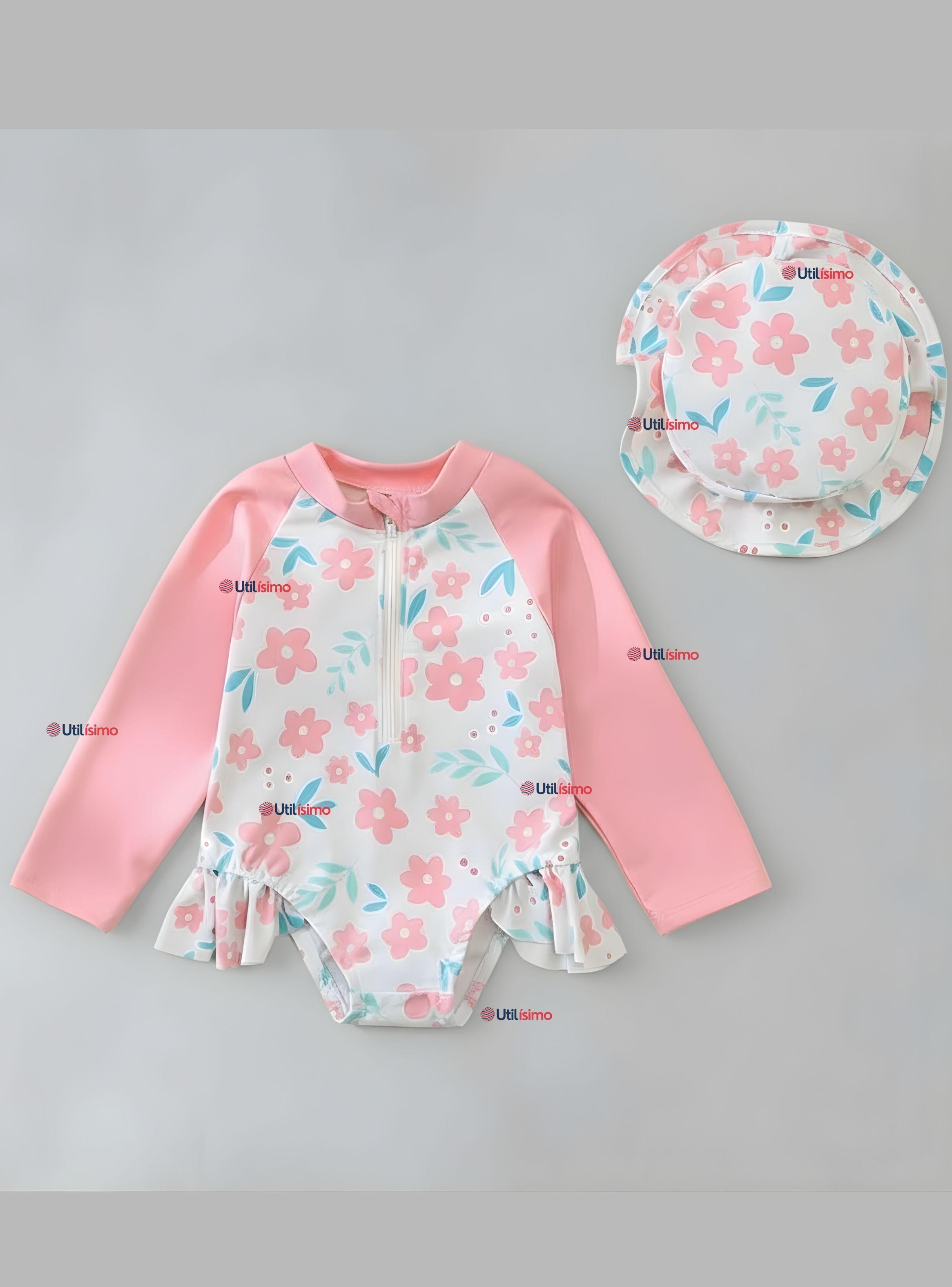 Traje de Baño Enterito Manga Larga Con Gorro para Niña de 9 a 36 Meses Rosa-0