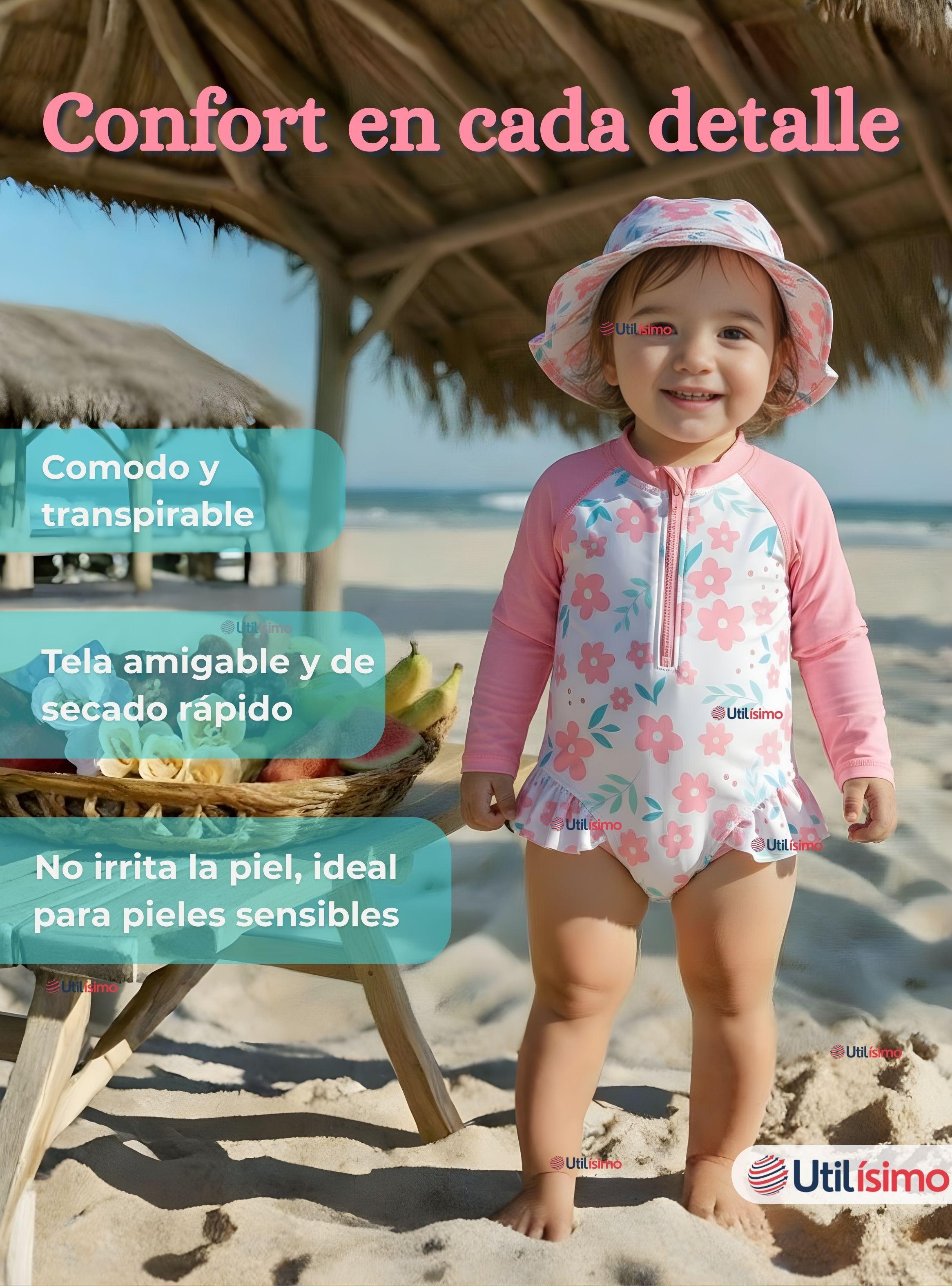 Traje de Baño Enterito Manga Larga Con Gorro para Niña de 9 a 36 Meses Rosa-6