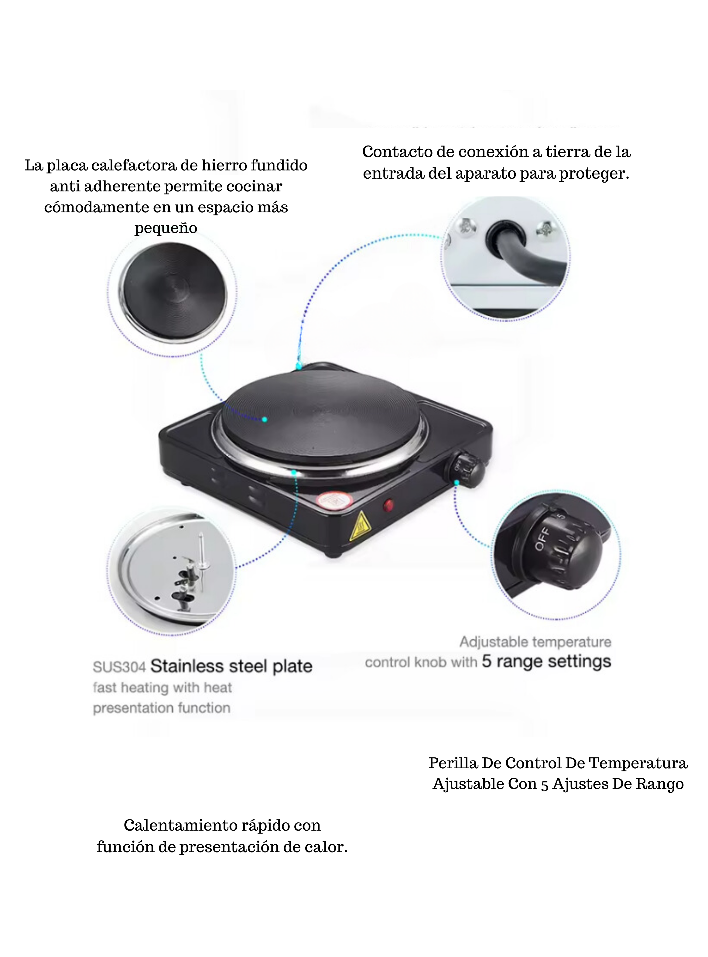 Cocina Eléctrica 1 Plato 1000w Cocinilla Portátil-4